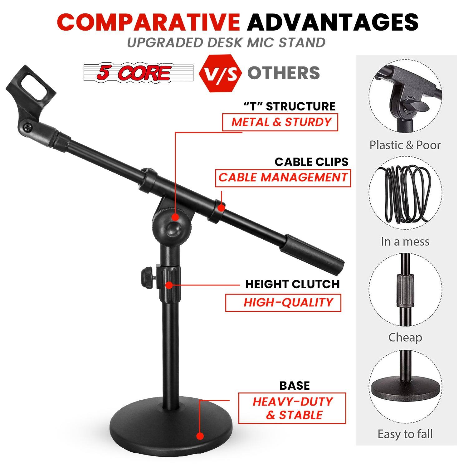 COMPARATIVE ADVANTAGES UPGRADED DESK MIC STAND 5 CORE V/S OTHERS

- "T" STRUCTURE METAL & STURDY
- CABLE CLIPS
- CABLE MANAGEMENT
- HEIGHT CLUTCH
- HIGH-QUALITY BASE
- HEAVY-DUTY & STABLE

Others:
- Plastic & Poor
- In a mess
- Cheap
- Easy to fall