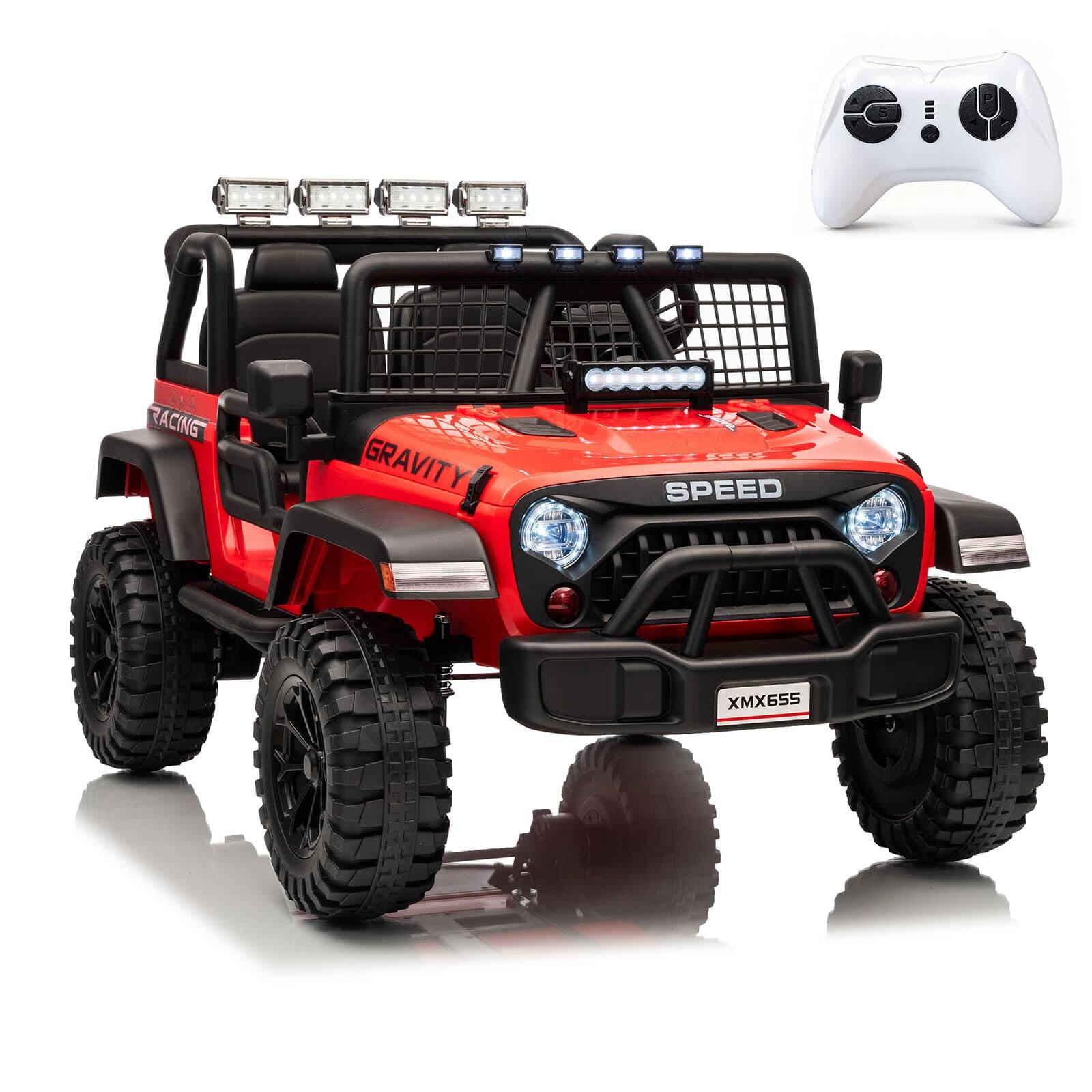 GARVEE - 24V 2 Seater Ride On Car for Kids, Electric Truck with Remote Control, Hight/Low Speeds, Headlight, Music Player - Red