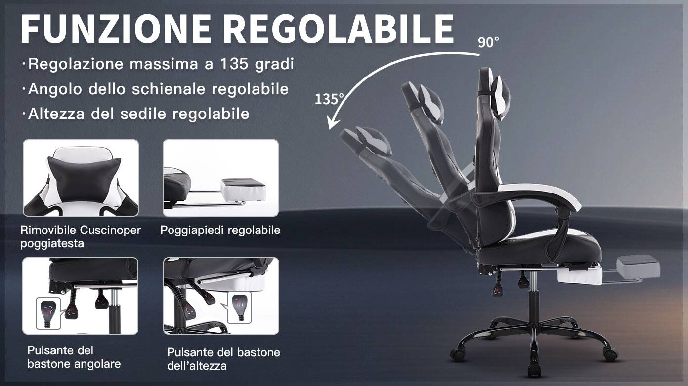 FUNZIONE REGOLABILE  
- Regolazione massima a 135 gradi  
- Angolo dello schienale regolabile  
- Altezza del sedile regolabile  

Rimovibile Cuscinopera poggiatesta  
Poggiapiedi regolabile  
Pulsante del bastone angolare  
Pulsante del bastone dell'altezza