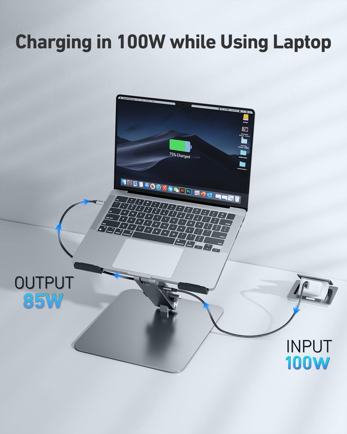 Charging in 100W while Using Laptop  
75% Charged  

OUTPUT 85W  
INPUT 100W