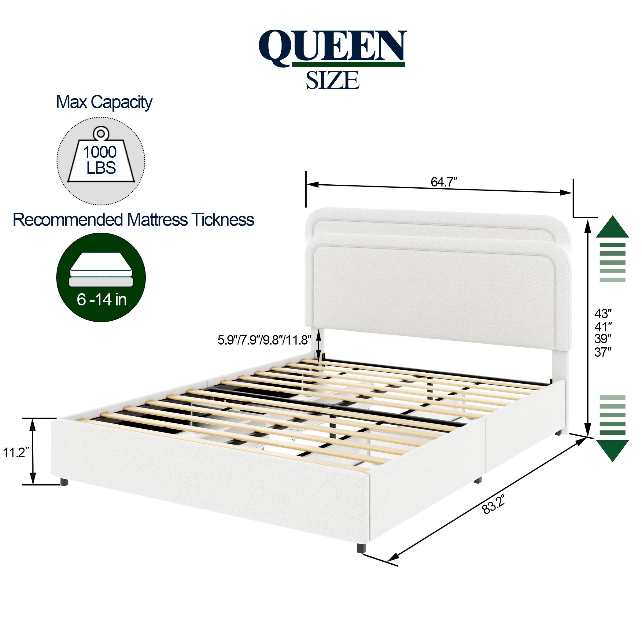 Max Capacity: 1000 LBS

Recommended Mattress Thickness: 6-14 inches

Dimensions:
- Length: 83.2 inches
- Width: 64.7 inches
- Height: 11.2 inches

Mattress Thickness Options: 5.9", 7.9", 9.8", 11.8"

Side Rail Height: 43", 41", 39", 37"