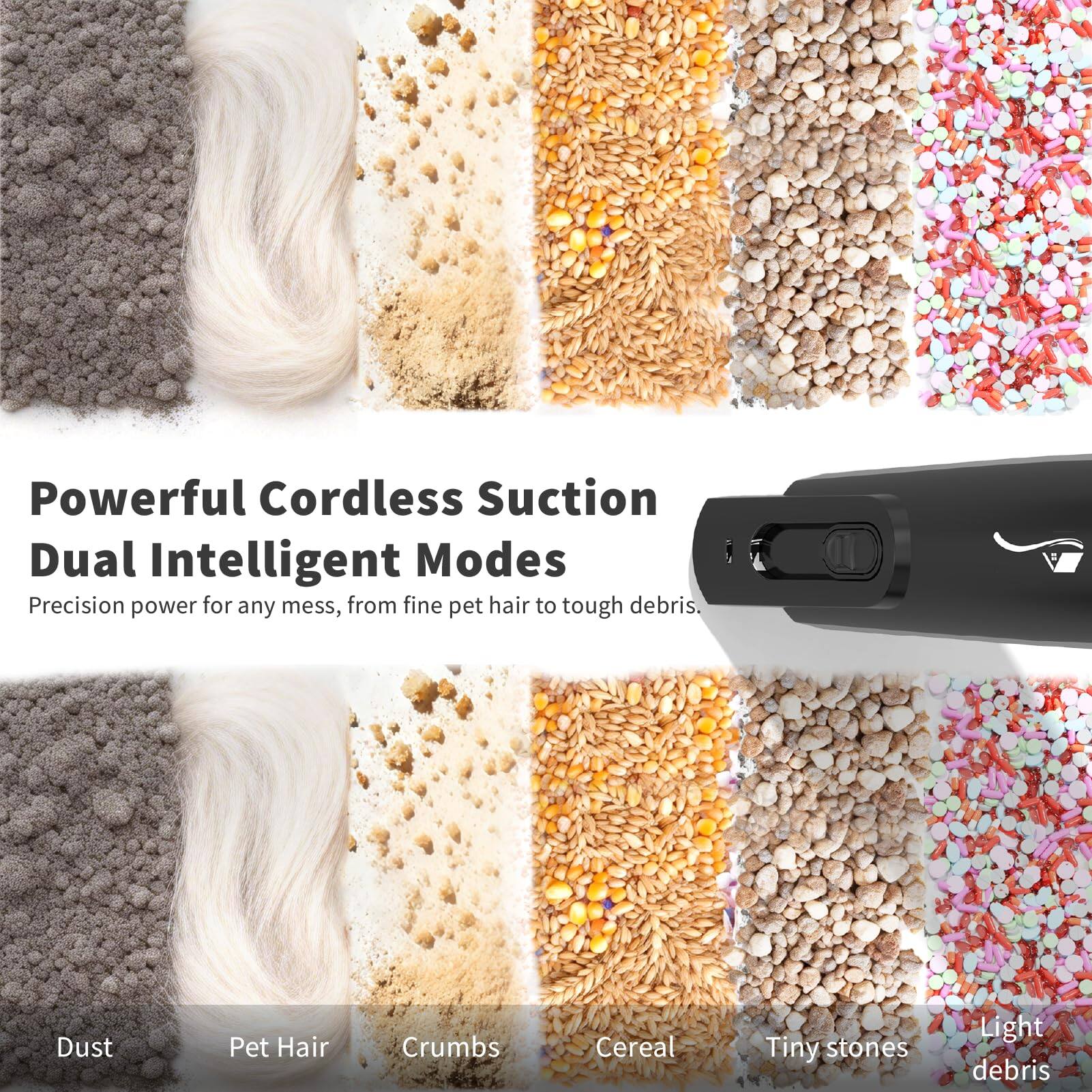 Powerful Cordless Suction  
Dual Intelligent Modes  
Precision power for any mess, from fine pet hair to tough debris.  

- Dust  
- Pet Hair  
- Crumbs  
- Cereal  
- Tiny stones  
- Light debris