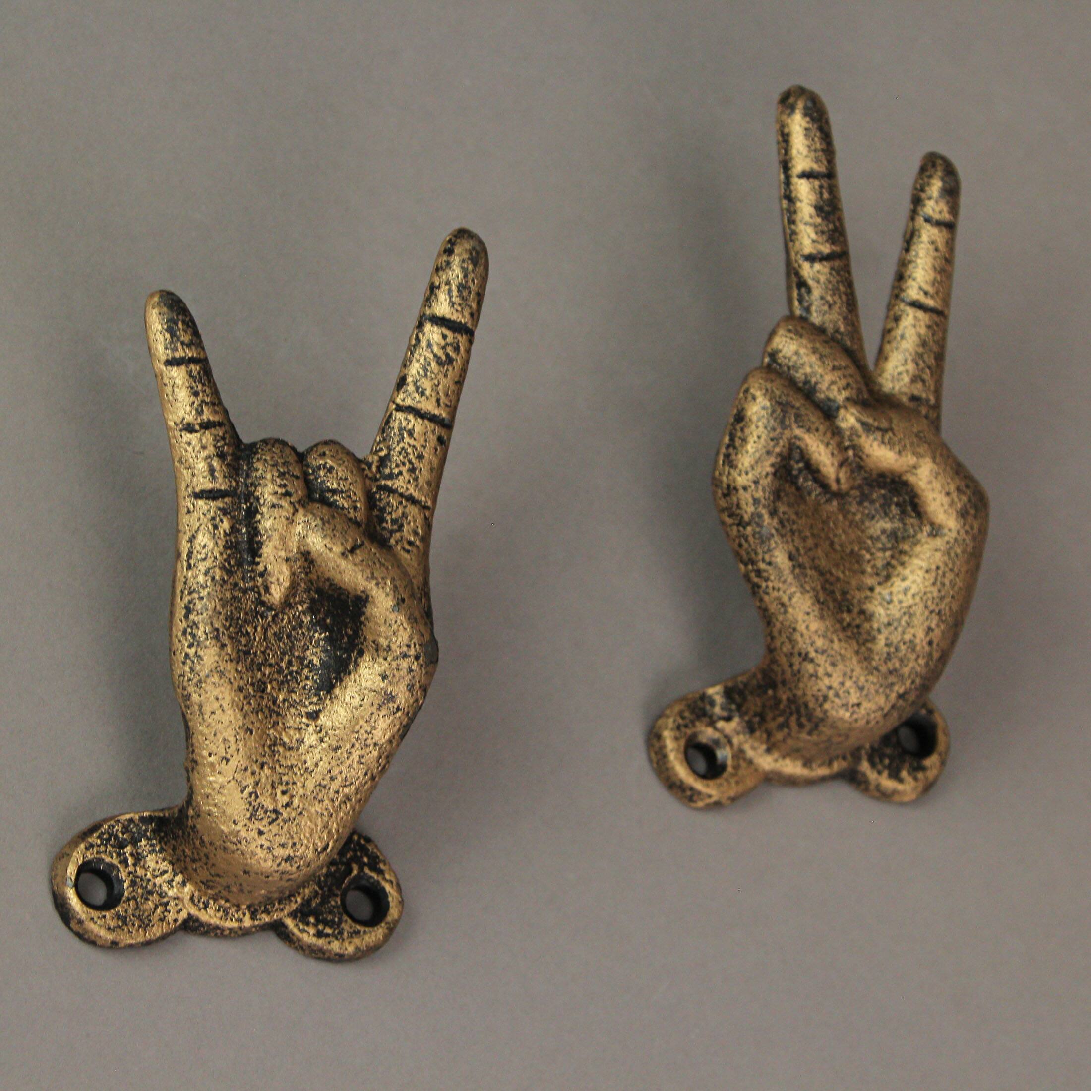 Alt View 4. Zeckos - Set of 3 Gold Cast Iron Hand Gesture Decorative Wall Hooks Key Towel Hanger - Gold.