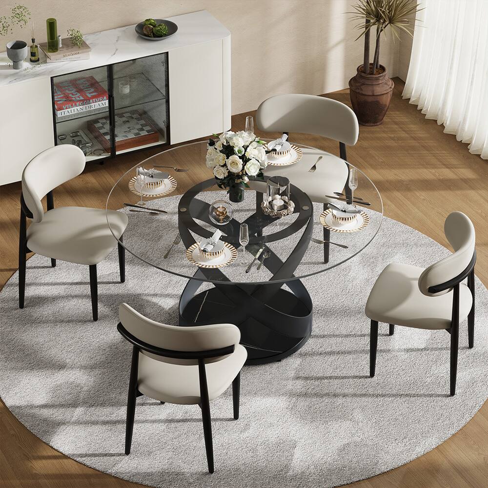 POVISON - 51" Modern Glass Round Dining Table for 4, Clear Tempered Glass Circle Tabletop with Black X Carbon Steel Base - Clear Tempered Glasswith Black