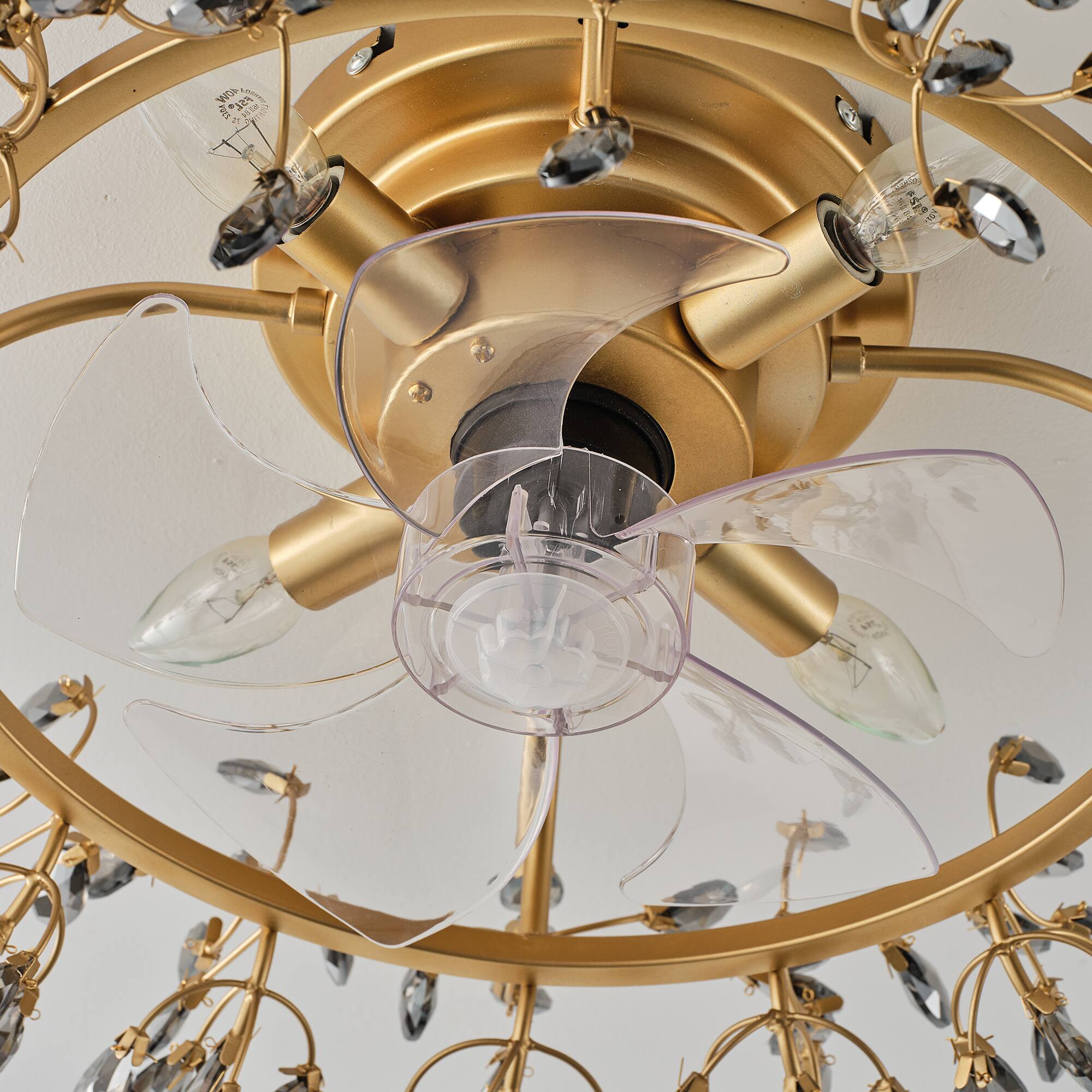 Alt View 9. Parrot Uncle - Modern American Black Crystal Flush Mount Chandelier Ceiling Fan with Remote and Retractable Blades - Gold.