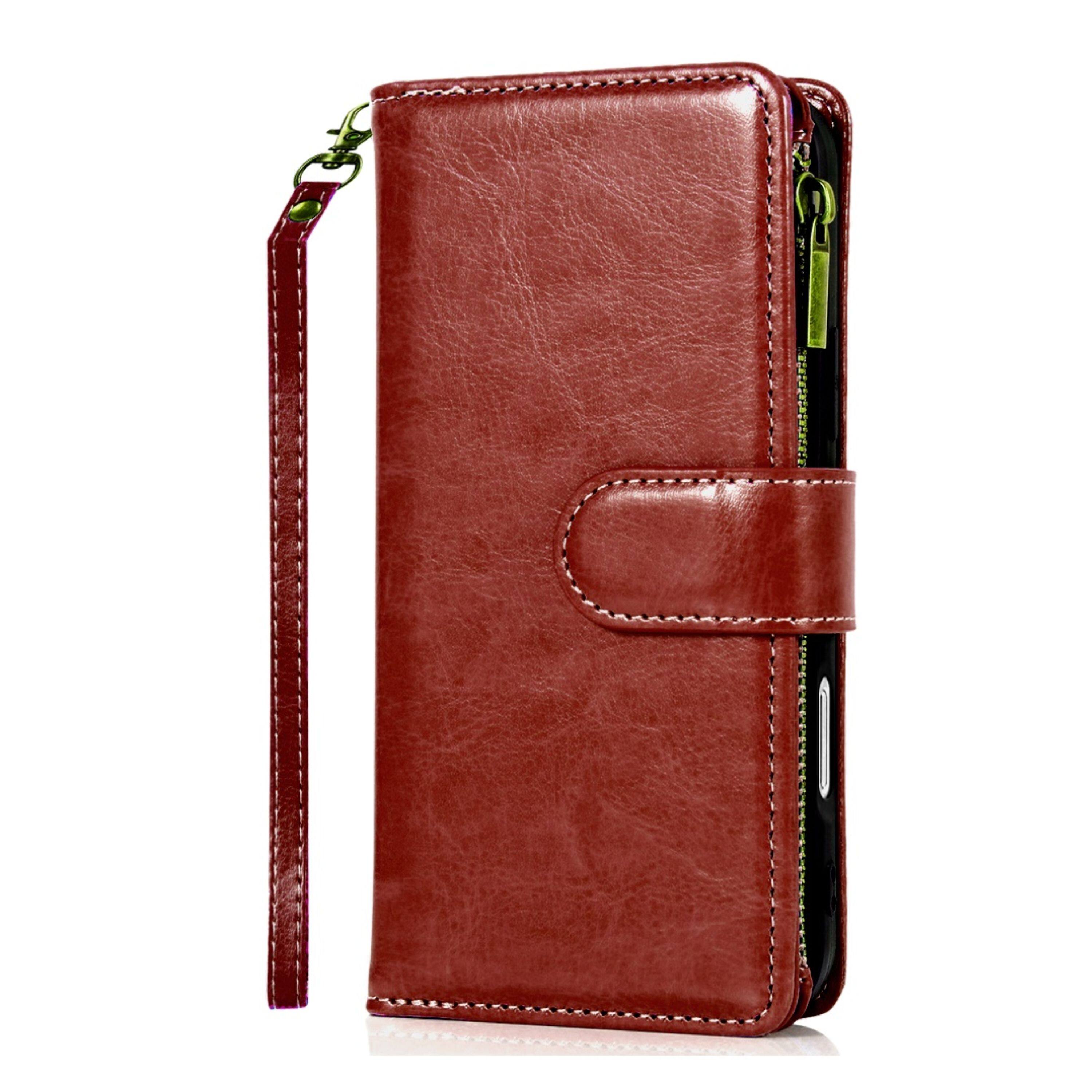 Left. Kitcheniva - PU Leather Phone Wallet Zipper With Tempered Glass For iPhone 16 6.1" Brown - Brown.