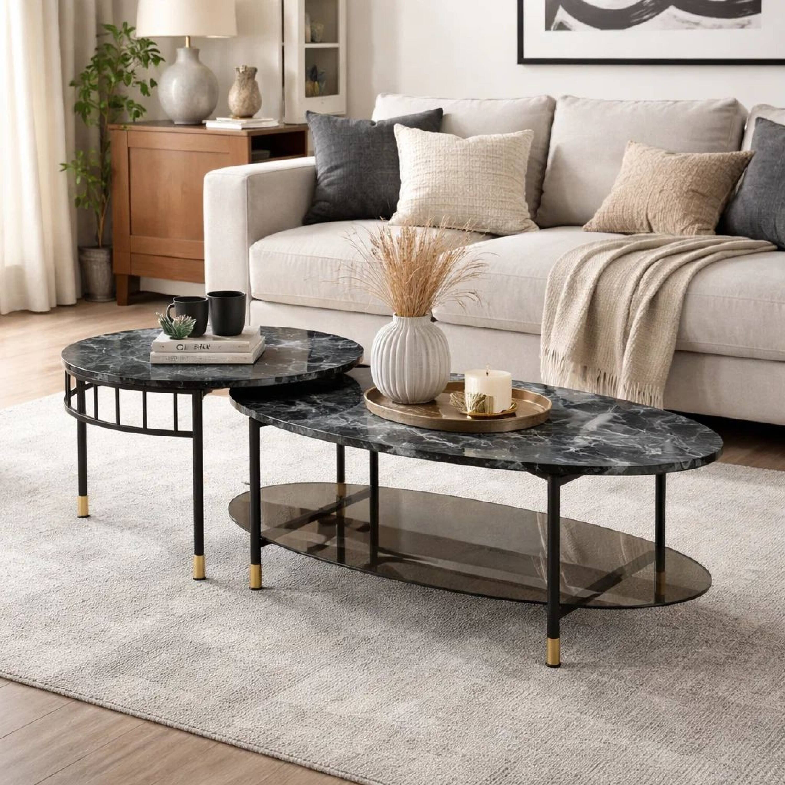 Alt View 6. Manhattan Lane - 40 Inch 2 Piece Nesting Coffee Table, Faux Marble Top, Glass Shelf - Black.