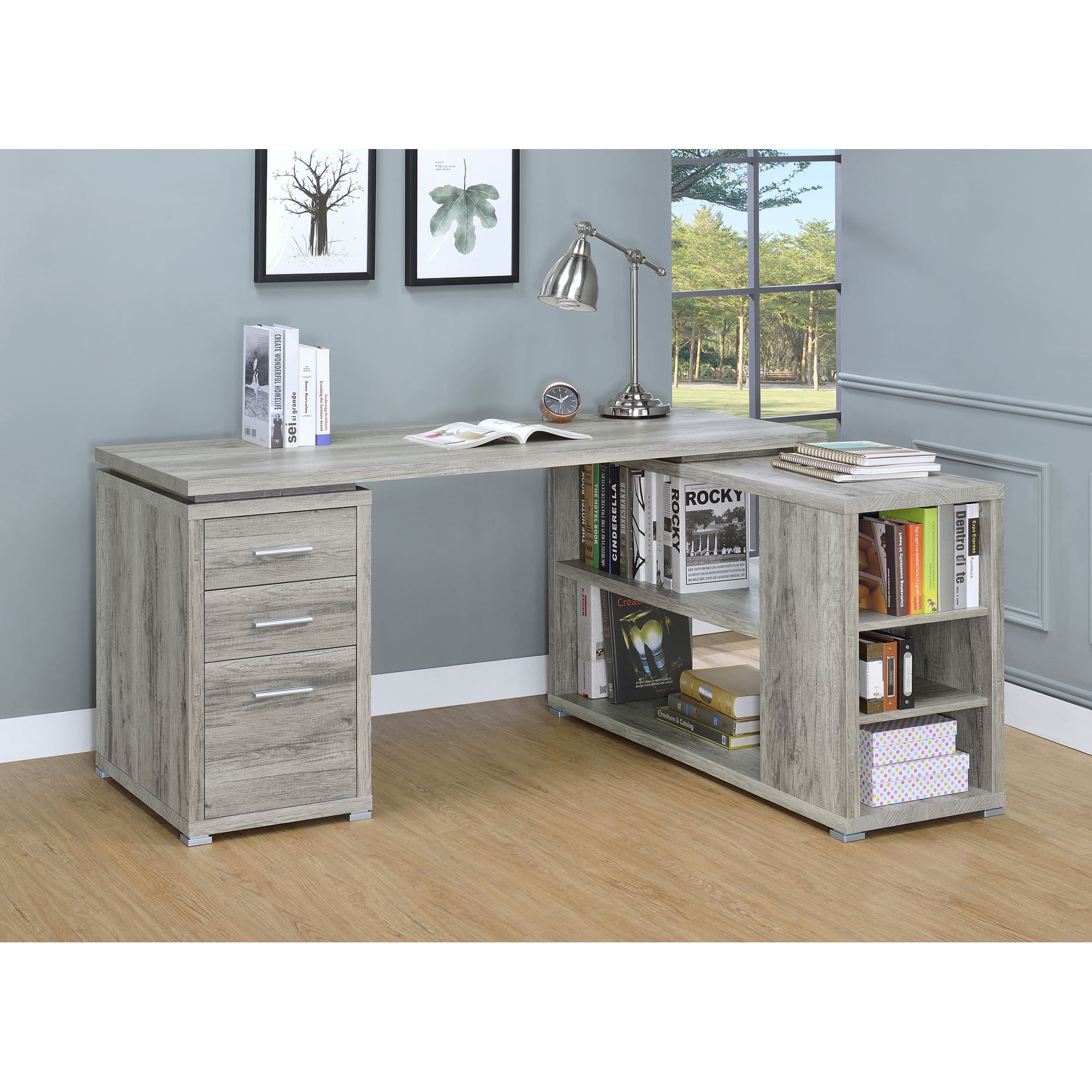 Tiramisubest - Grey 3-Drawer L-shape Computer Desk - Driftwood
