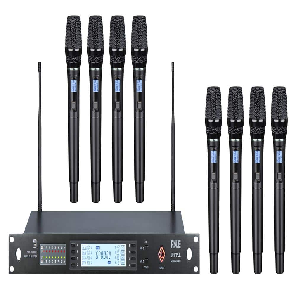 Pyle - 8-Channel Wireless Microphone System with Handheld Microphones, Receiver for Singing, Hosting,
