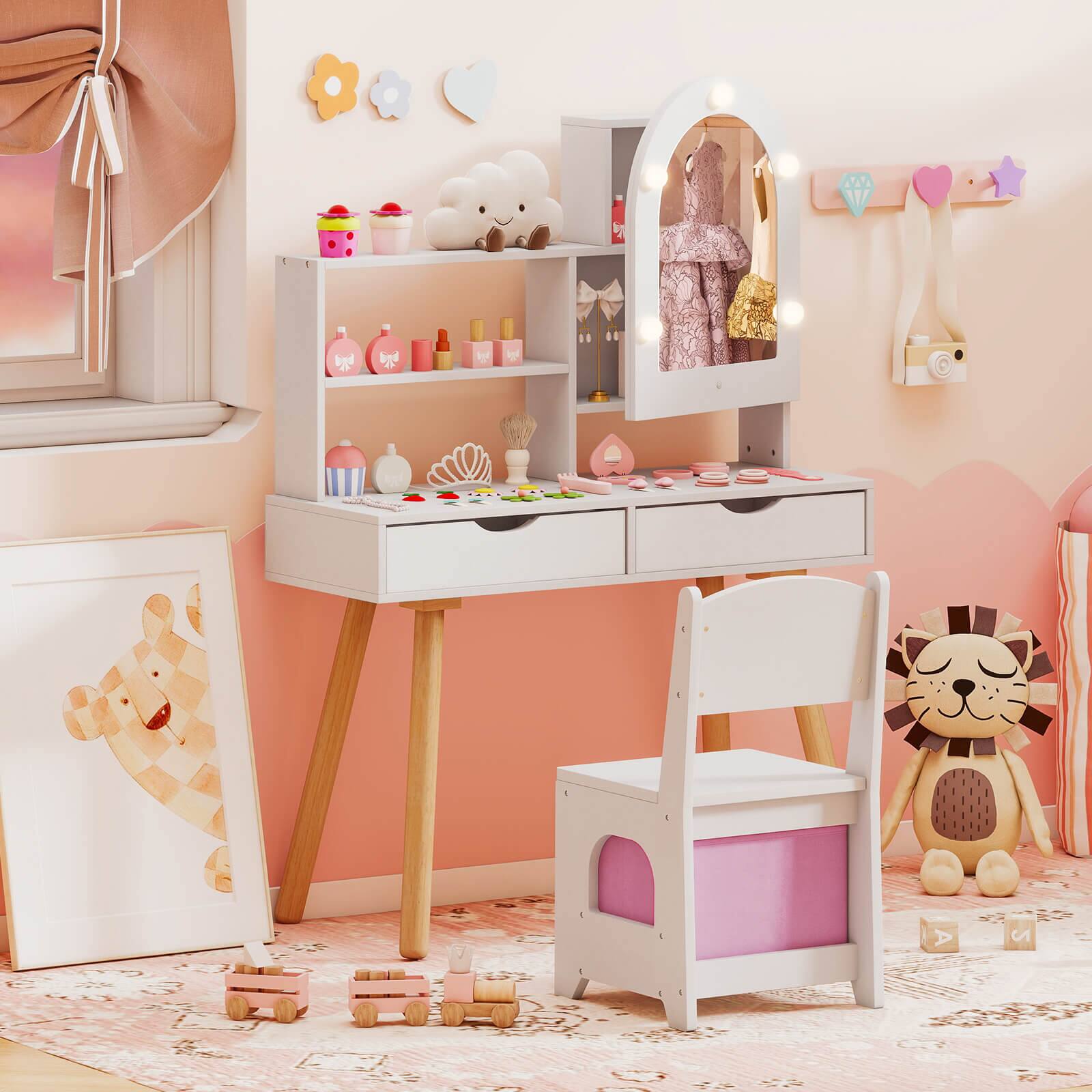 Alt View 3. Costway - Costway Kids Vanity Set with 3-Color Lighting Modes, Adjustable Brightness, Mirror Cabinet - White.
