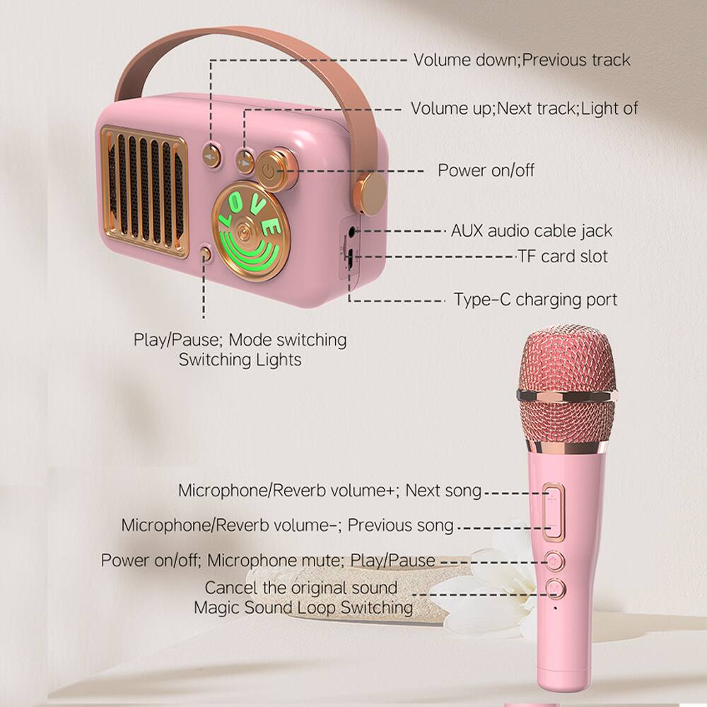 - Volume down; Previous track
- Volume up; Next track; Light of
- Power on/off
- AUX audio cable jack
- TF card slot
- Type-C charging port
- Play/Pause; Mode switching; Switching Lights
- Microphone/Reverb volume+; Next song
- Microphone/Reverb volume-; Previous song
- Power on/off; Microphone mute; Play/Pause
- Cancel the original sound
- Magic Sound Loop Switching