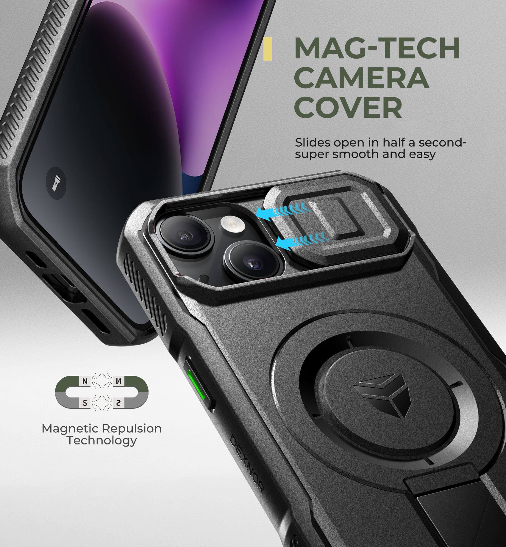 MAG-TECH CAMERA COVER

Slides open in half a second- super smooth and easy

Magnetic Repulsion Technology

DEXNOR