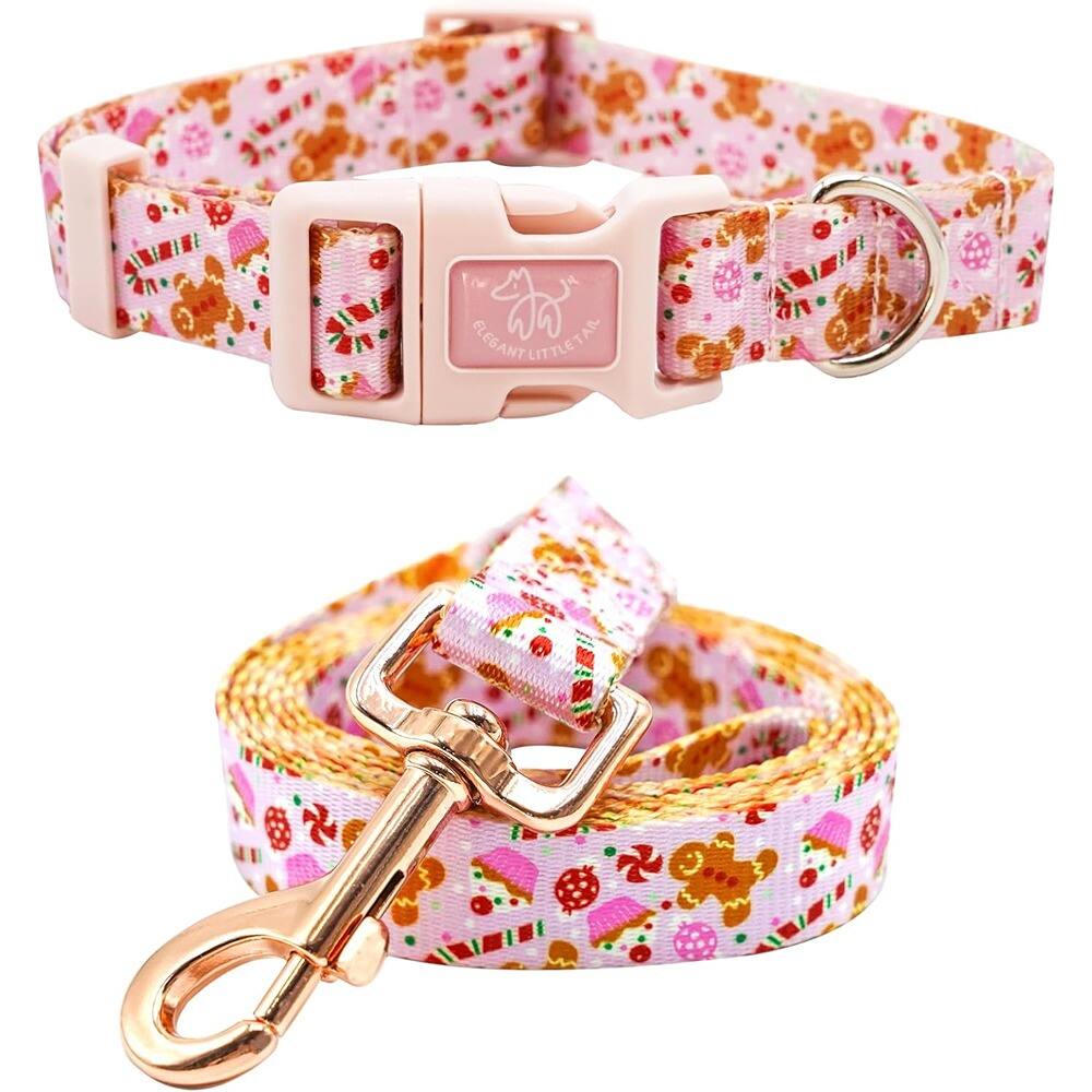 Front. MOSZAR LLC - Pink Gingerbread Dog Collar & Leash Set – Adjustable, Soft w/ Quick-Release Buckle - Reflective Solid LimeGreen.