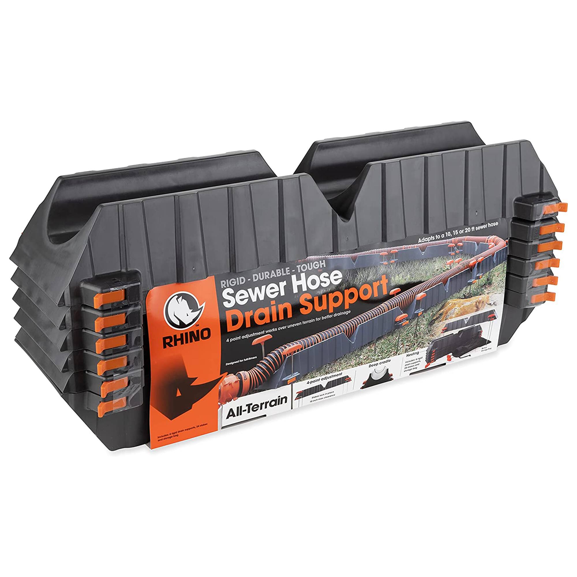 Sure, here is the corrected and grouped text from the image:

---

**RHINO**

**RIGID - DURABLE - TOUGH**

**Sewer Hose Drain Support**

Adapts to 10, 15 or 20 ft sewer hose

**All-Terrain**

A 4-point adjustment works over 4 mm

Designed for better drainage

---

**Features:**

- Deep grip
- Non-slip
- 4-point adjustment

---

**Adapts to 10, 15 or 20 ft sewer hose**

---

**All-Terrain**

---