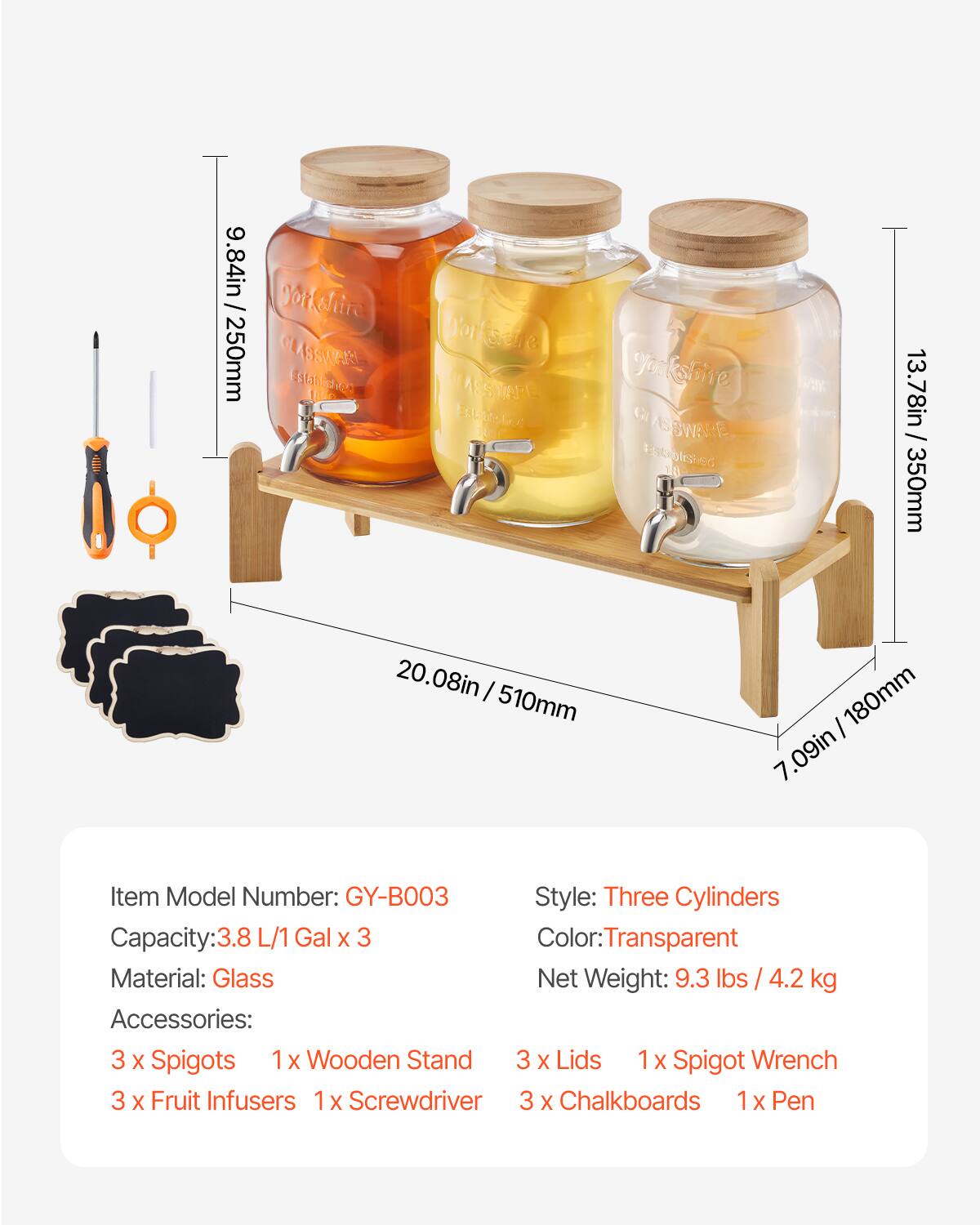 VEVOR - Beverage Dispenser, 3 Pack 1 Gallon Drink Dispensers for Parties, Glass Juice Dispenser with Wood Stand - Transparent - Thumbnail 3