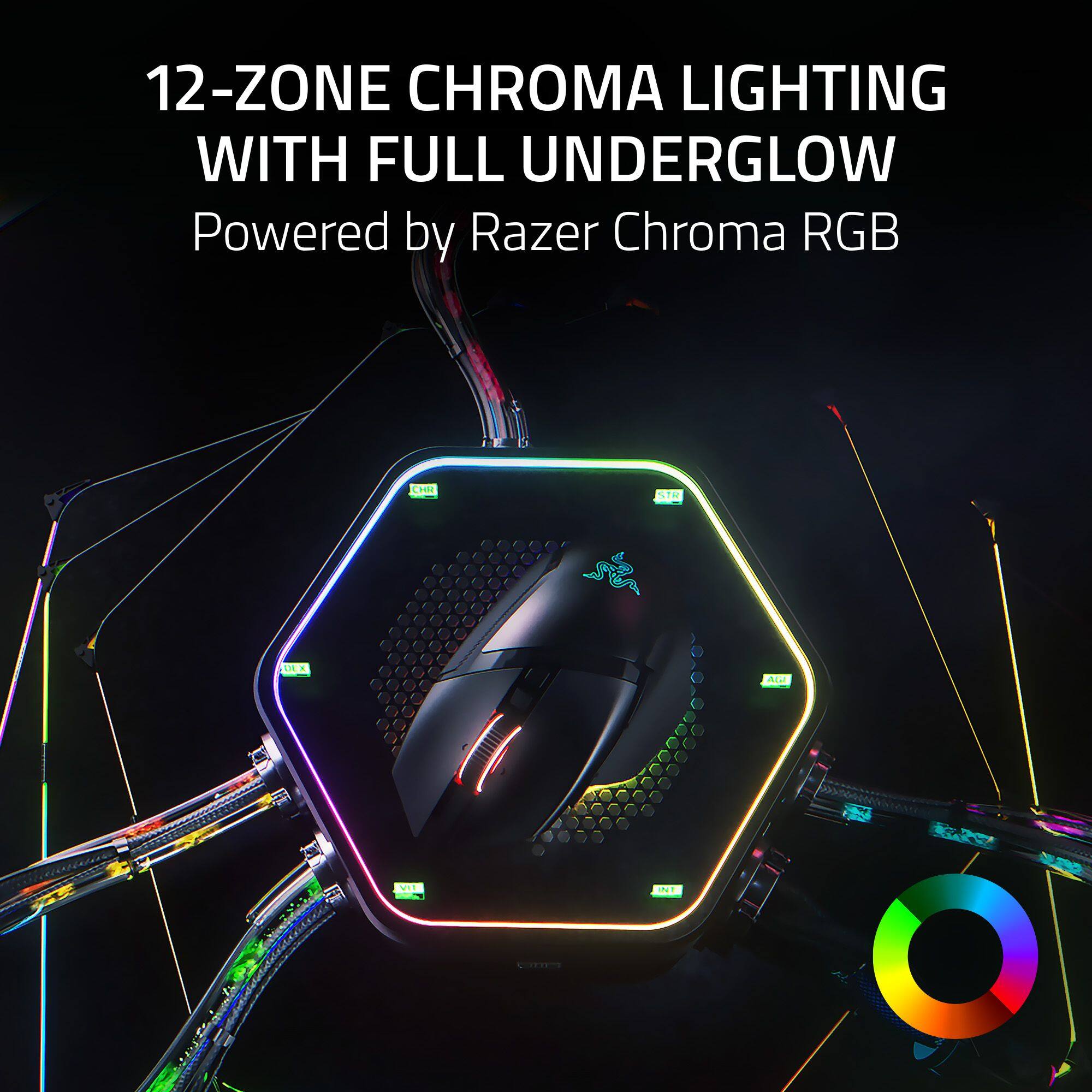 The text on the image reads: "12-ZONE CHROMA LIGHTING WITH FULL UNDERGLOW Powered by Razer Chroma RGB."