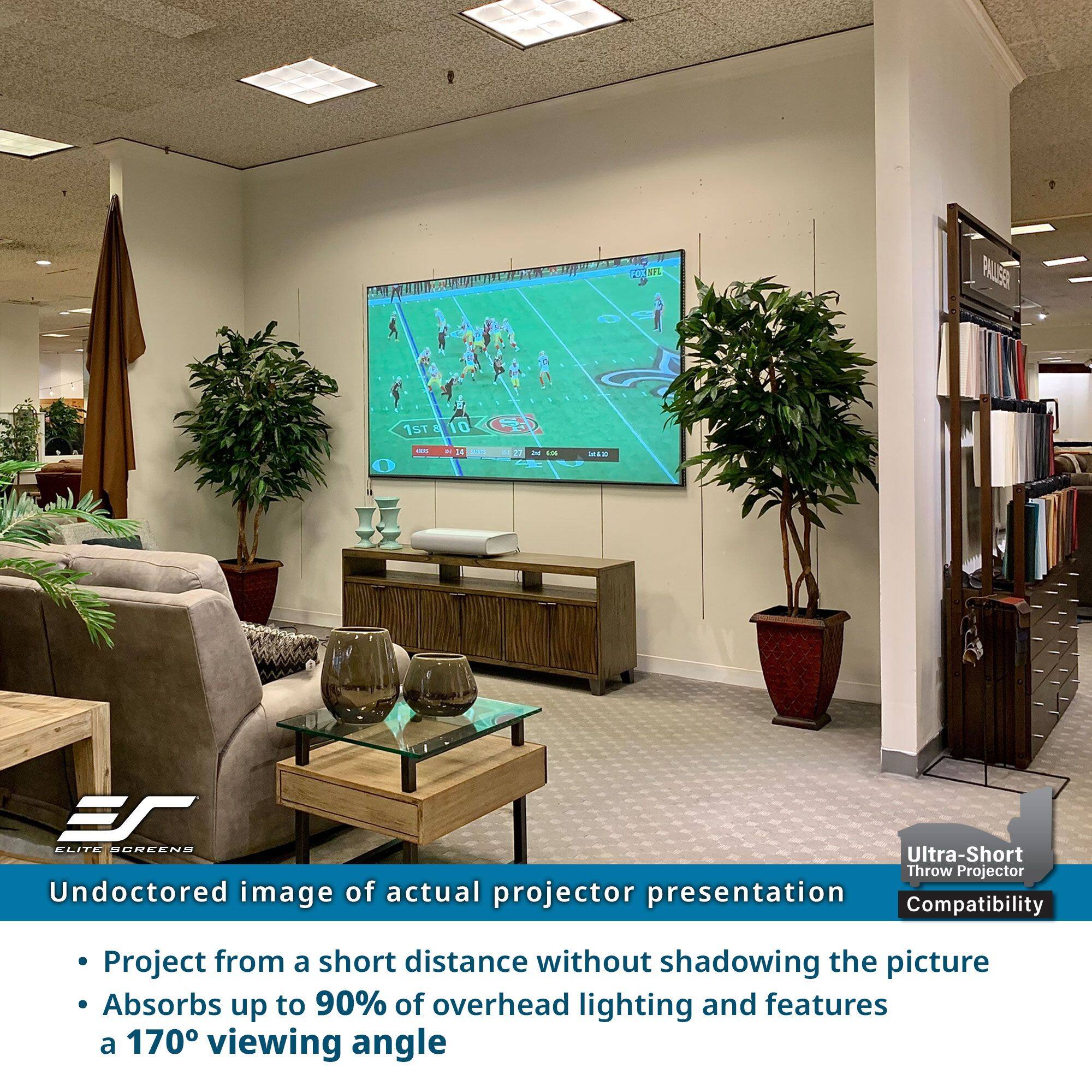 Ultra-Short Throw Projector Compatibility

Undoctored image of actual projector presentation

- Project from a short distance without shadowing the picture
- Absorbs up to 90% of overhead lighting and features a 170° viewing angle