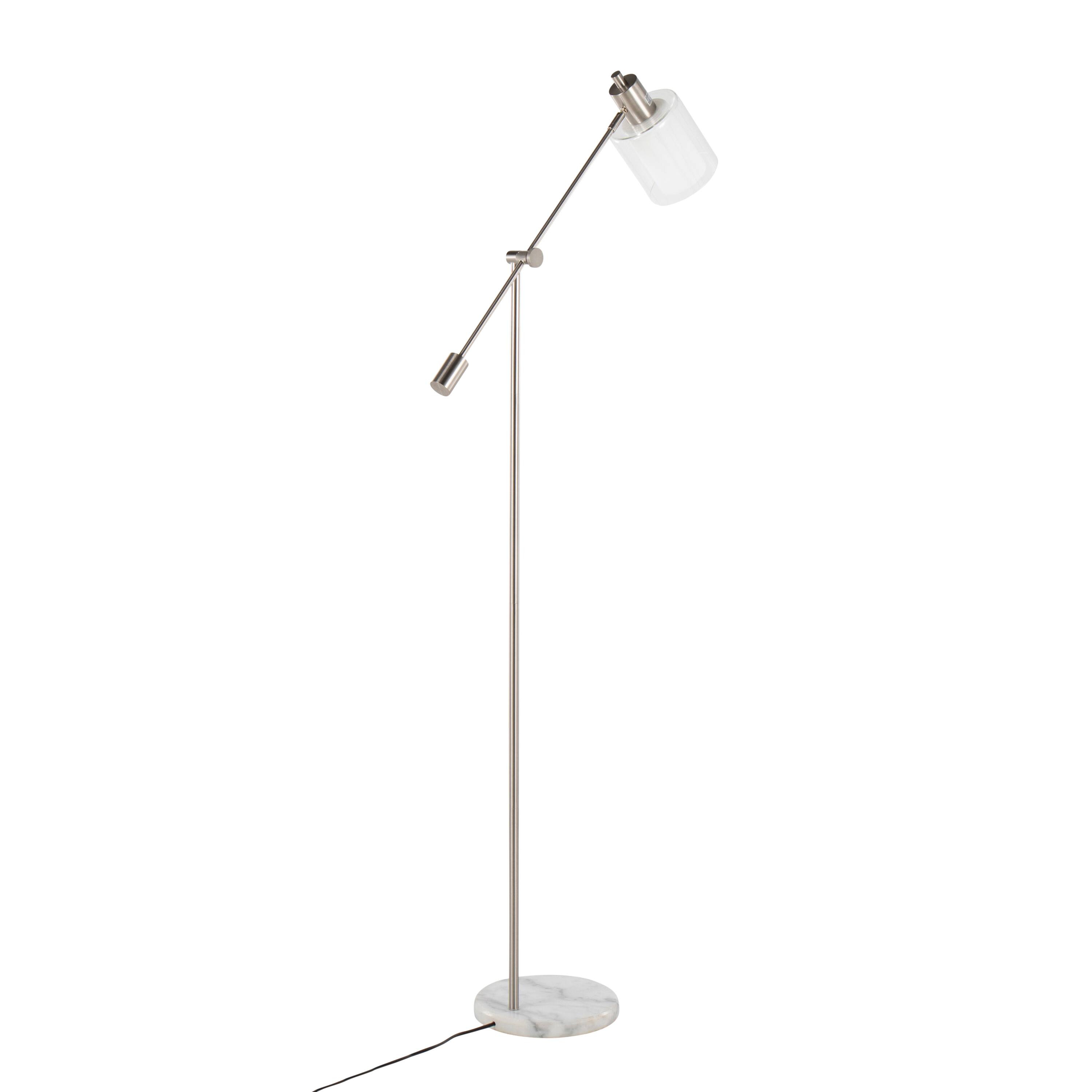 Back. Loheer - Loheer Modern Standing Lamp Nickel Metal Tall Floor Lamp with White Marble Base Clear and Frosted Glass Shade - Nickel.