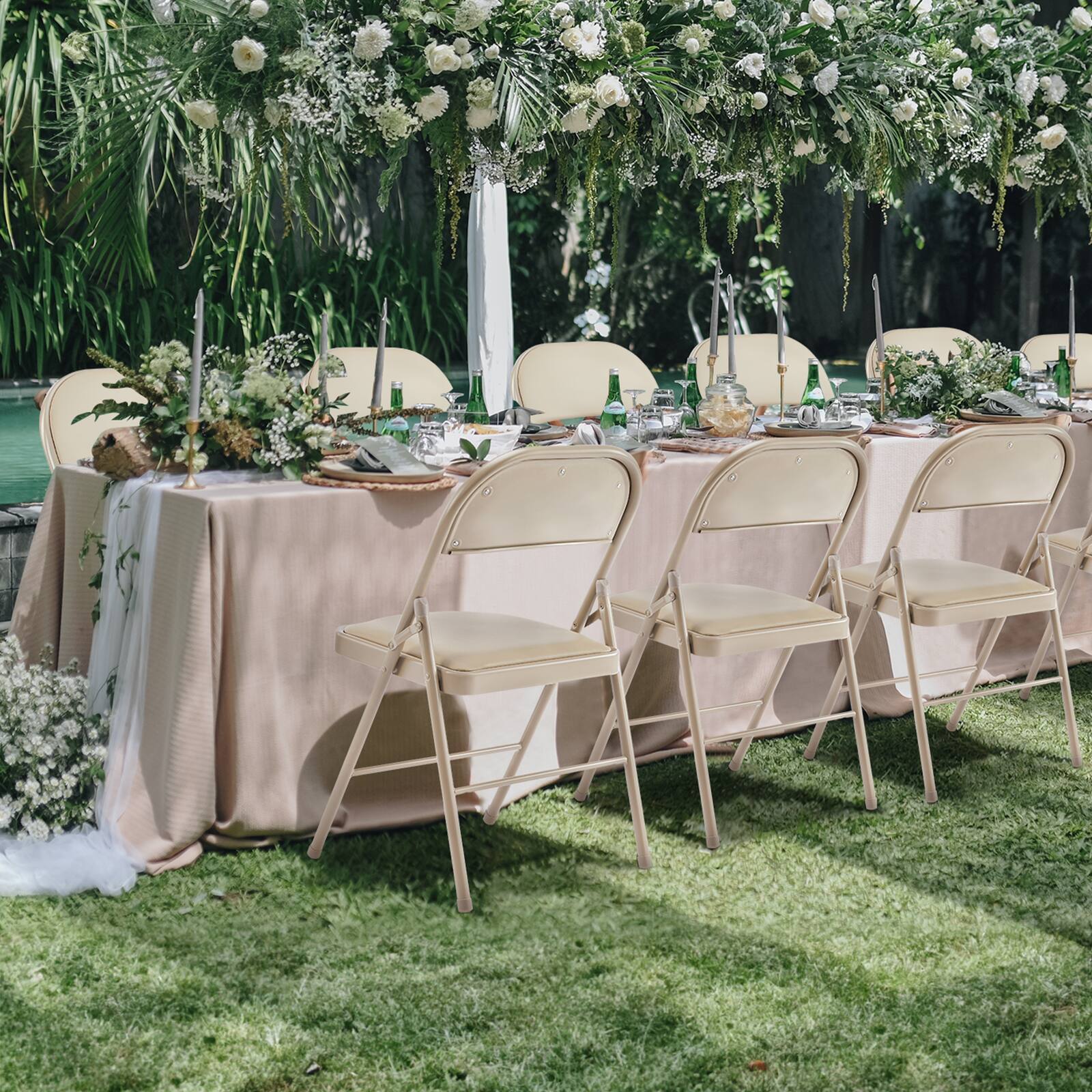 Back. AENKYO - 4 PCS Folding Chair Leather Padded Folding Chairs with Metal Frame for Home, Office, Party - khaki.