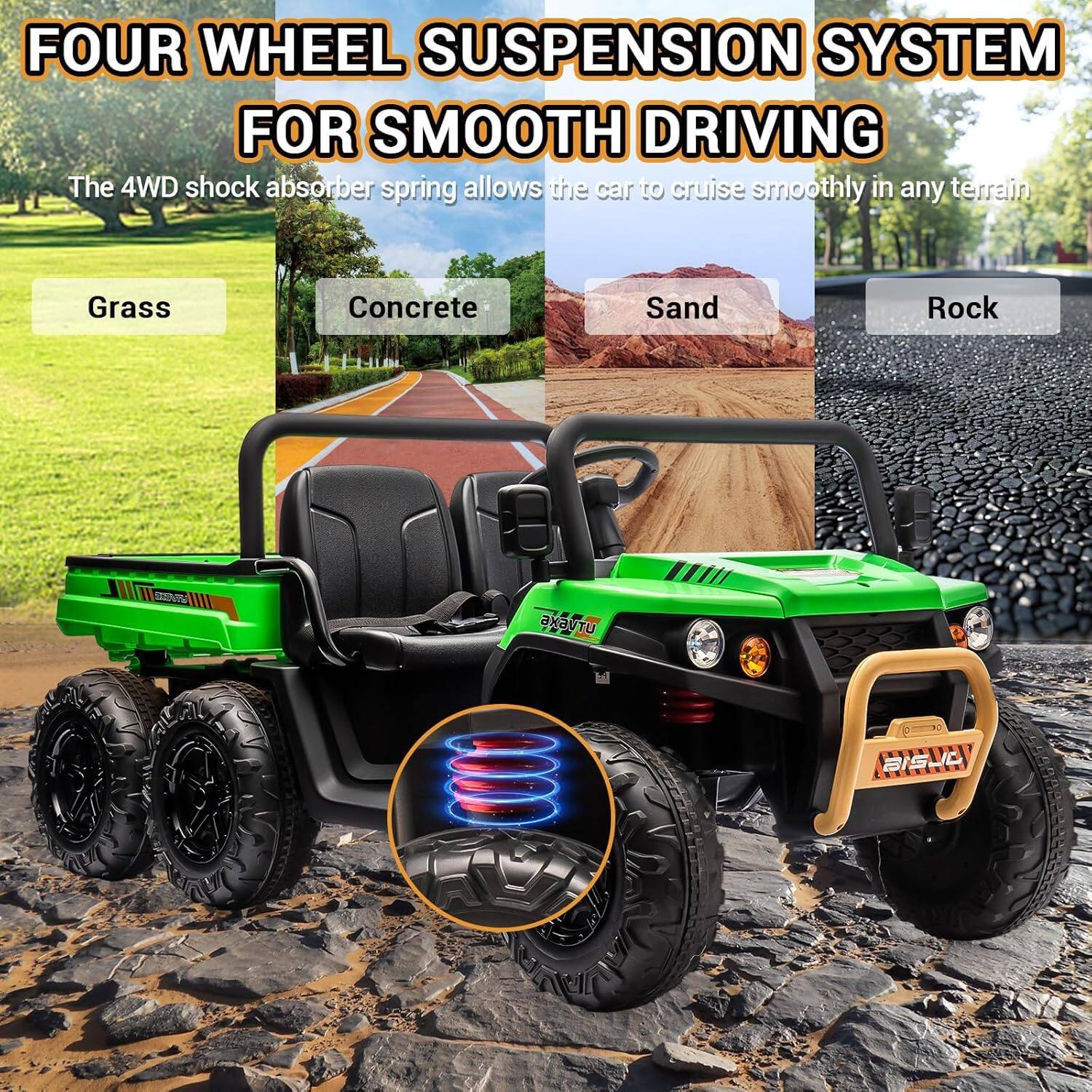 FOUR WHEEL SUSPENSION SYSTEM FOR SMOOTH DRIVING

The 4WD shock absorber spring allows the car to cruise smoothly in any terrain

Grass
Concrete
Sand
Rock