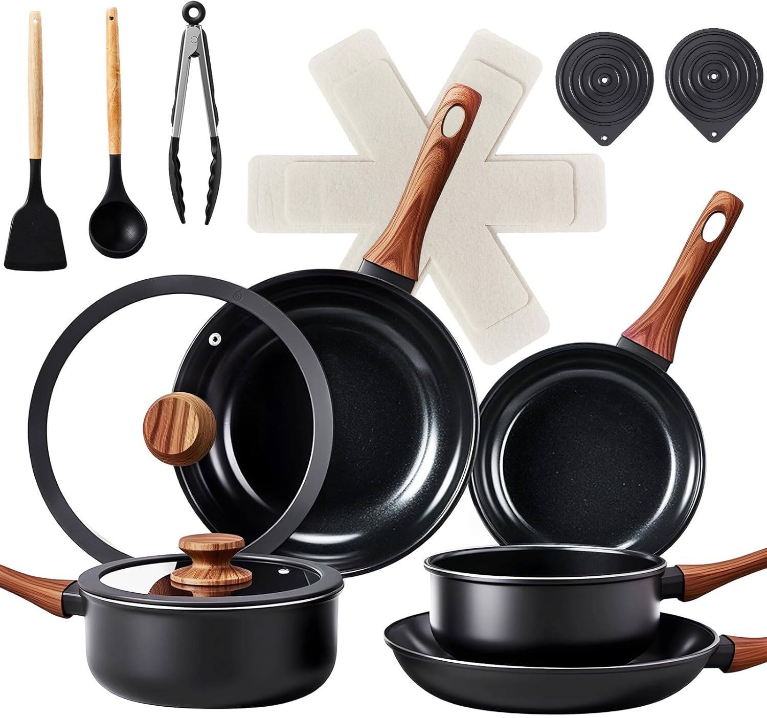 Front. Winado - 17 Pcs Nonstick Pots and Pans Set, Cast Aluminum Kitchen Cookware Set for Families, Apartments - Black.