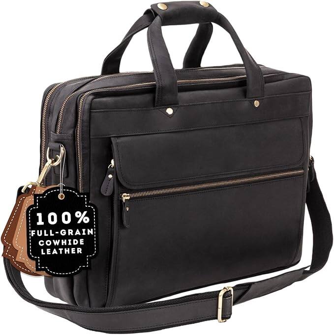 Luxorro - Leather Briefcase for men. Fits 15" Laptops - Black