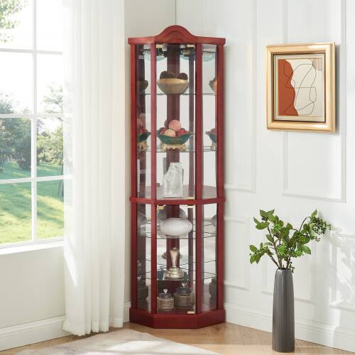 Angle. LUCKY ONE - Freestanding Corner Curio Cabinet with Glass Shelves LED Light Bar Cabinet Wine Storage Display Case - Cherry.