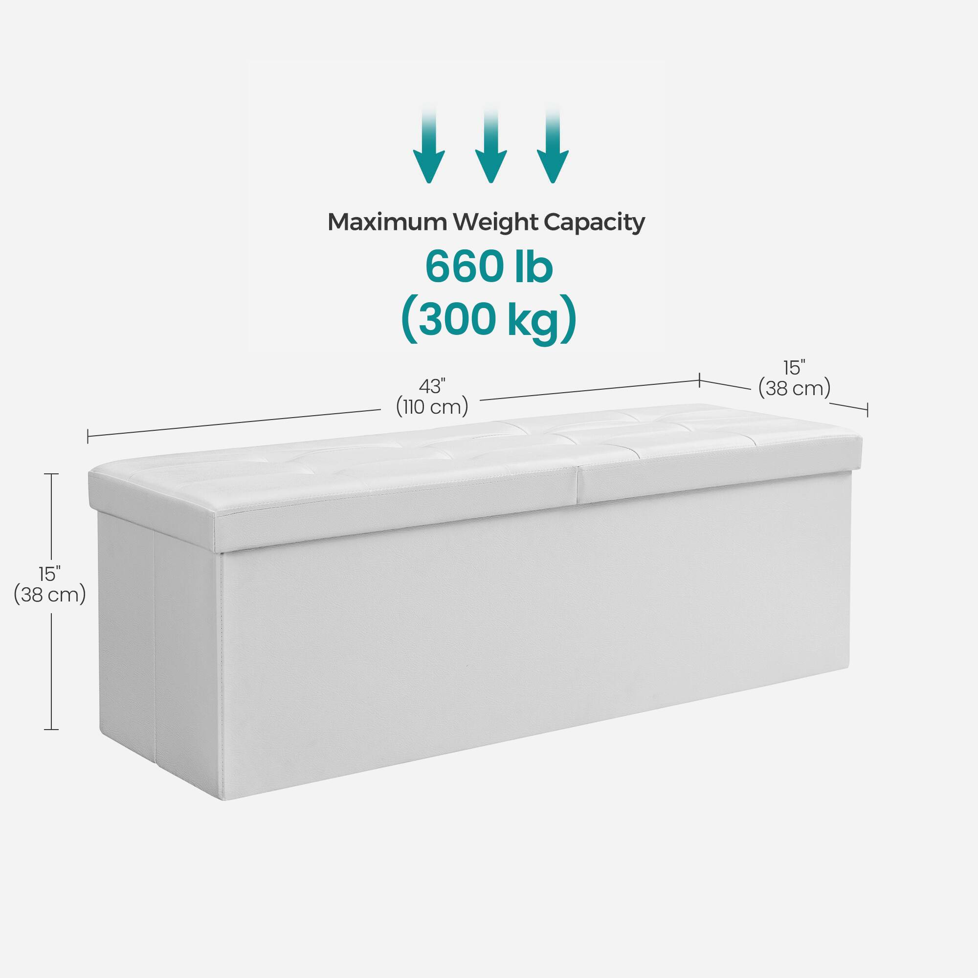 Maximum Weight Capacity: 660 lb (300 kg)

Dimensions:
- Length: 43" (110 cm)
- Width: 15" (38 cm)
- Height: 15" (38 cm)