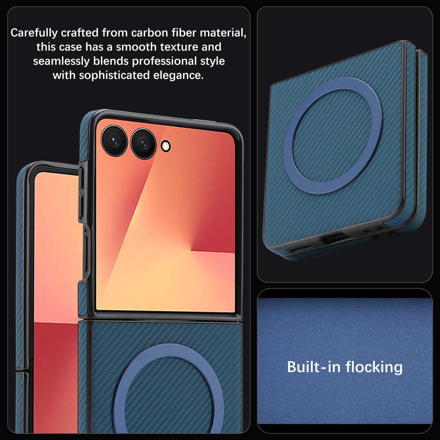 Carefully crafted from carbon fiber material, this case has a smooth texture and seamlessly blends professional style with sophisticated elegance. Built-in flocking