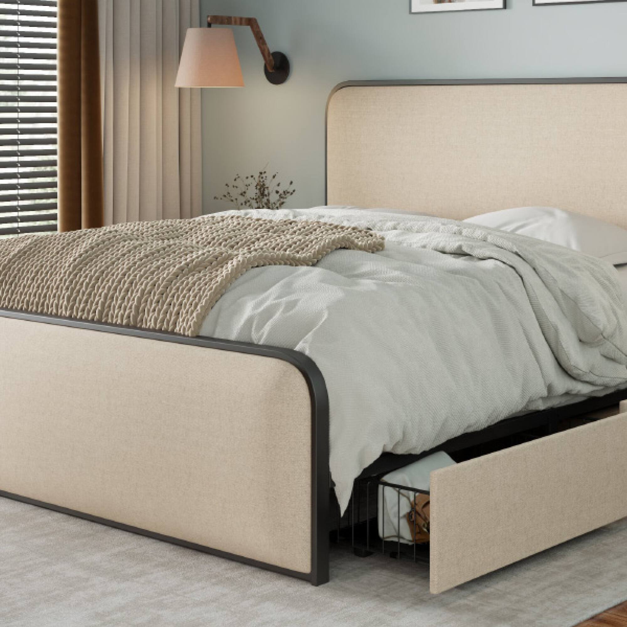 Alt View 1. GOODSILO - King Size Upholstered Bed Frame with Storage Drawers and Heavy Duty Metal Slats for Enhanced Support and Comfort - Beige.