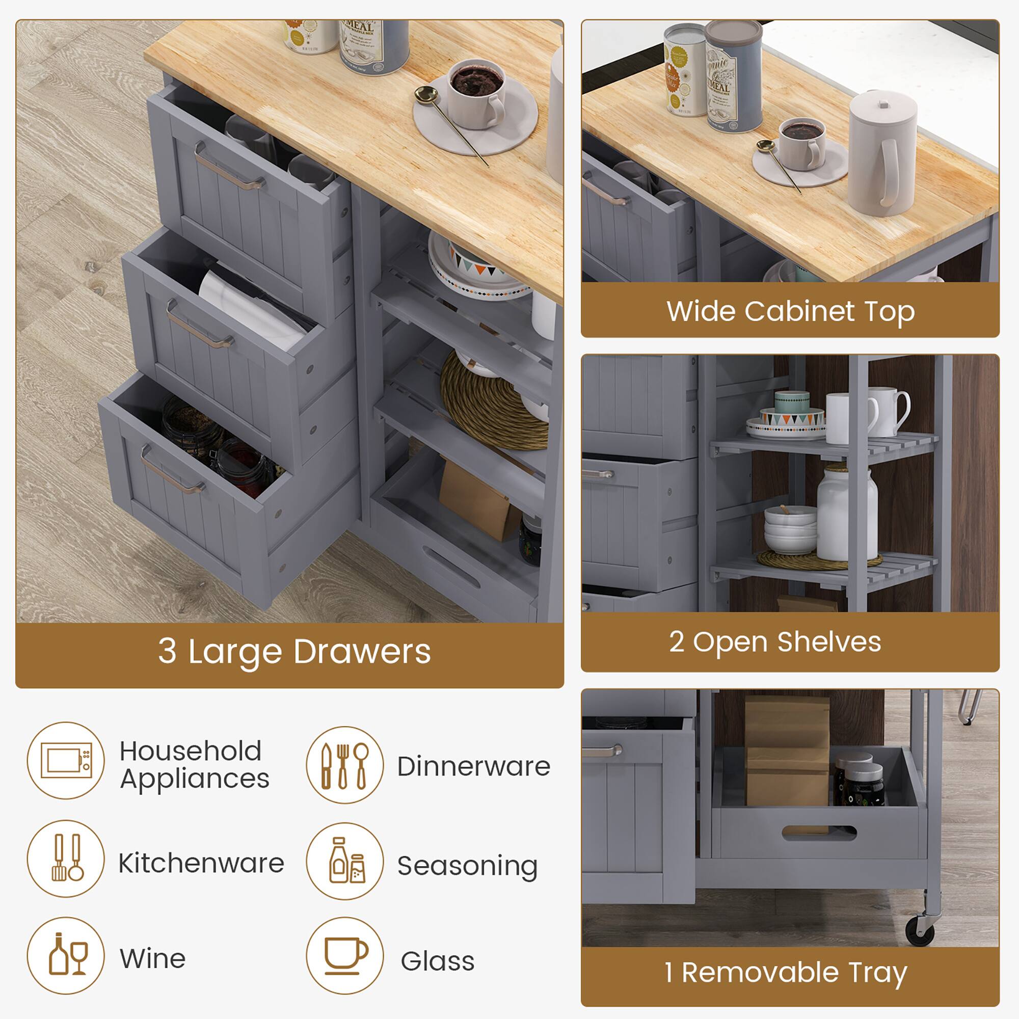 SEAL mol SML Wide Cabinet Top: 3 Large Drawers, 2 Open Shelves, Household Appliances, Dinnerware, Kitchenware, Seasoning, Wine, Glass, 1 Removable Tray