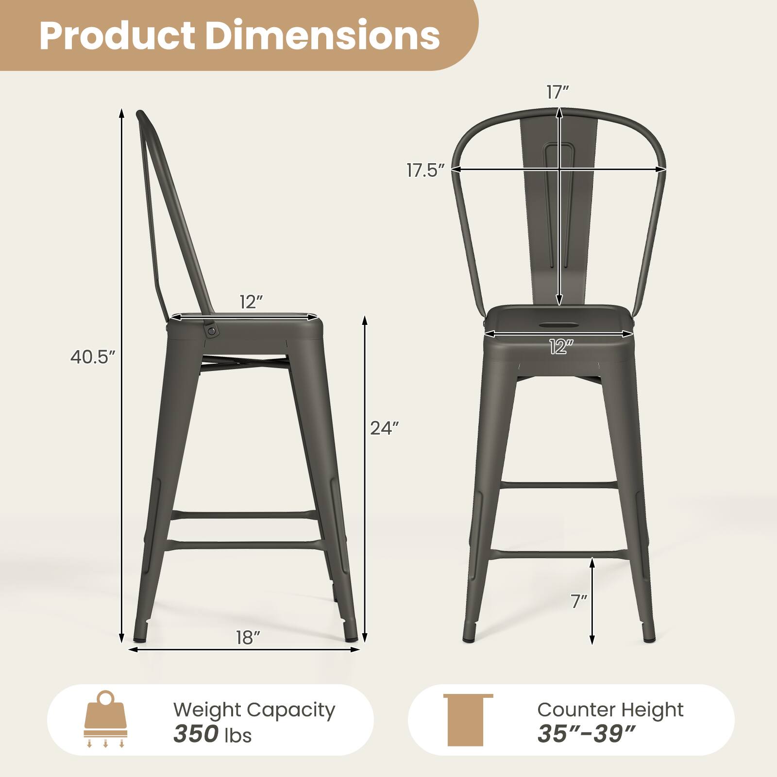 Product Dimensions: 17" x 17.5" x 12" x 40.5" x 12" x 24" x 7" x 18"  
Weight Capacity: 350 lbs  
Counter Height: 35"-39"