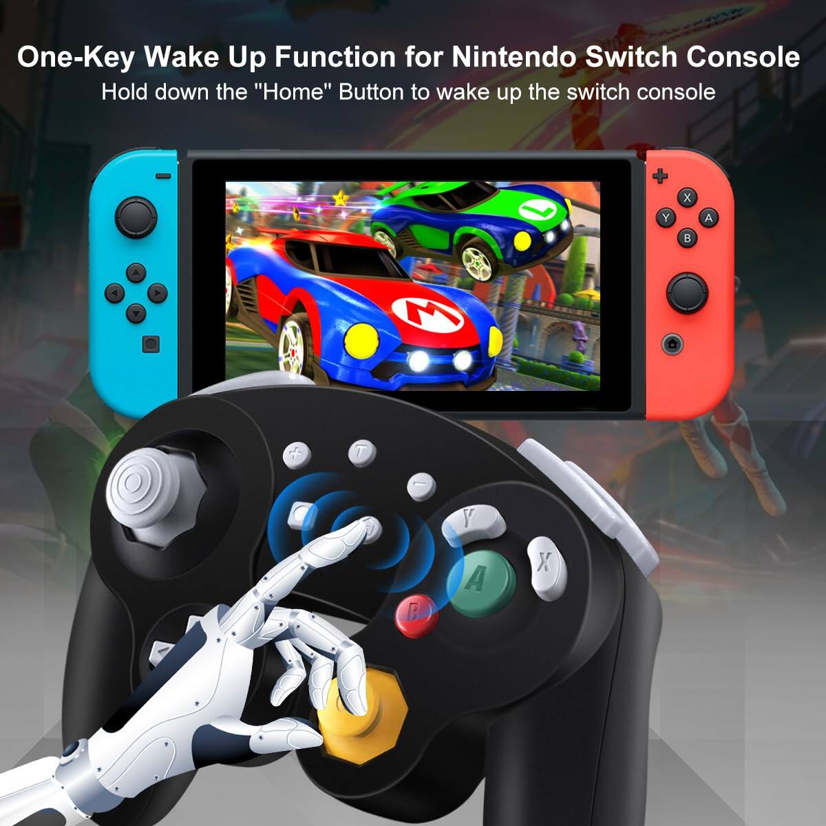 One-Key Wake Up Function for Nintendo Switch Console  
Hold down the "Home" Button to wake up the switch console