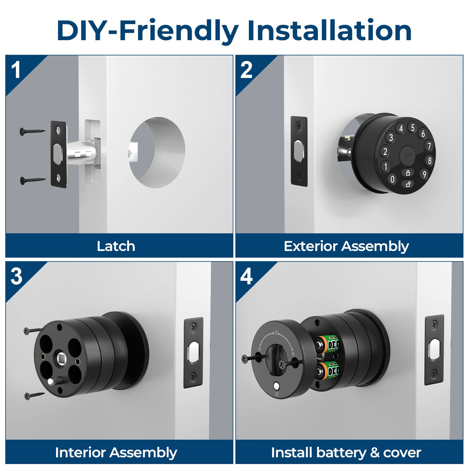 DIY-Friendly Installation

1. Latch
2. Exterior Assembly
3. Interior Assembly
4. Install battery & cover