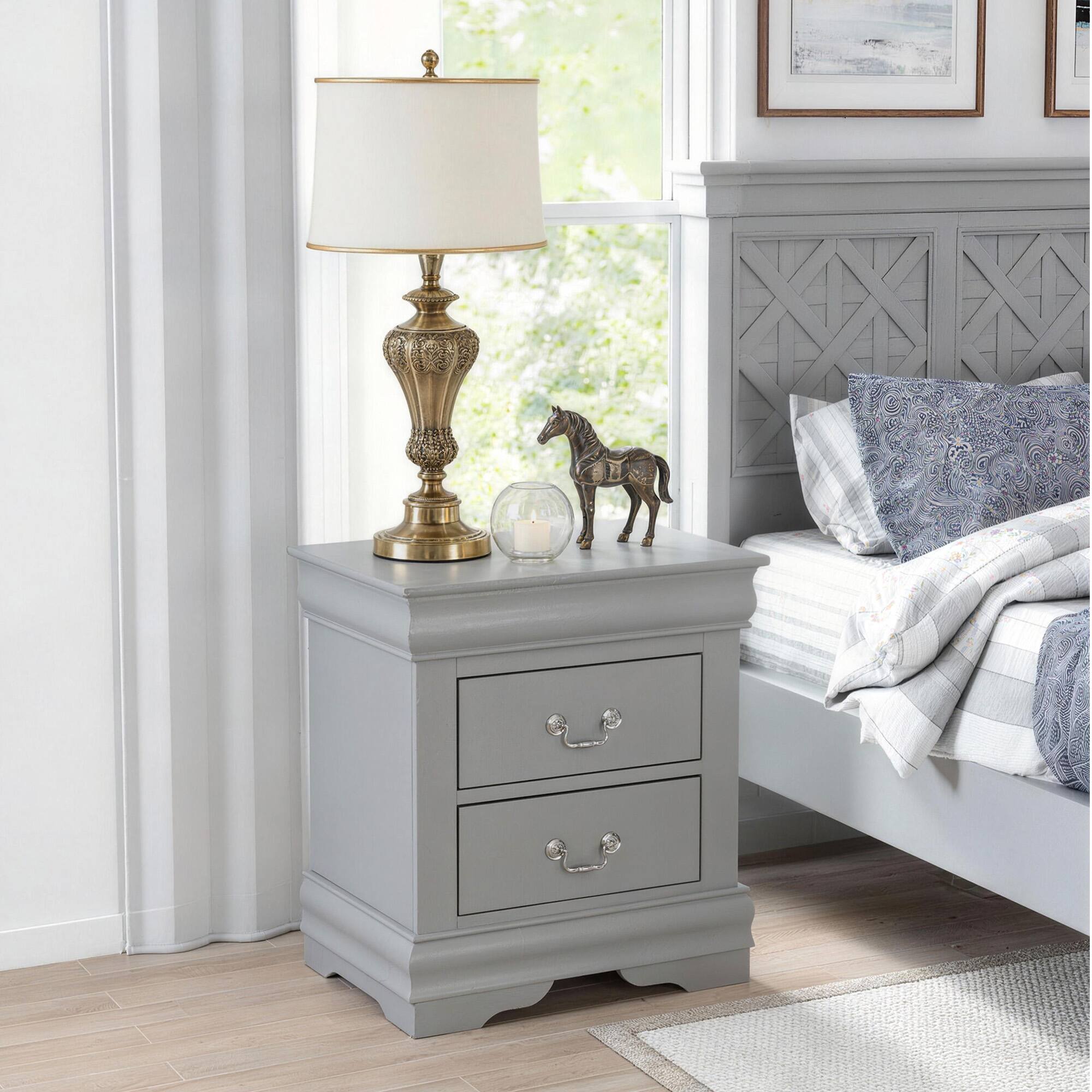 Angle. Anysun - Anysun Transitional Antique Elegant Style 2-Drawer Nightstand with Solid Wood Legs and Smooth Glides - Gray.
