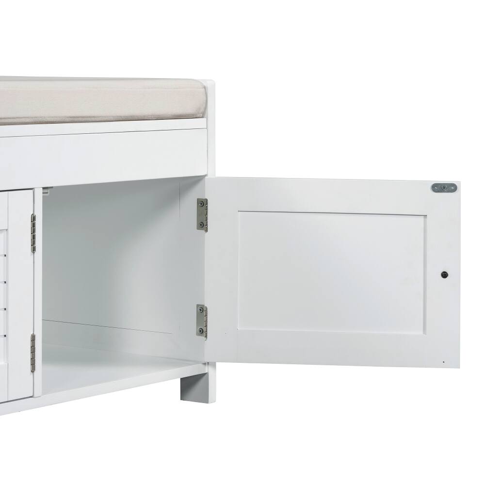 Back. Ropilly - Ropilly White Storage Bench with Cushion and Shutter Doors, Entryway Shoe Bench with Hidden Storage, 43.5 Inch - White.