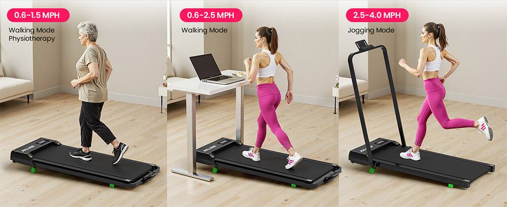 0.6-1.5 MPH  
0.6-2.5 MPH  
2.5-4.0 MPH  

Walking Mode  
Physiotherapy  

Walking Mode  

Jogging Mode