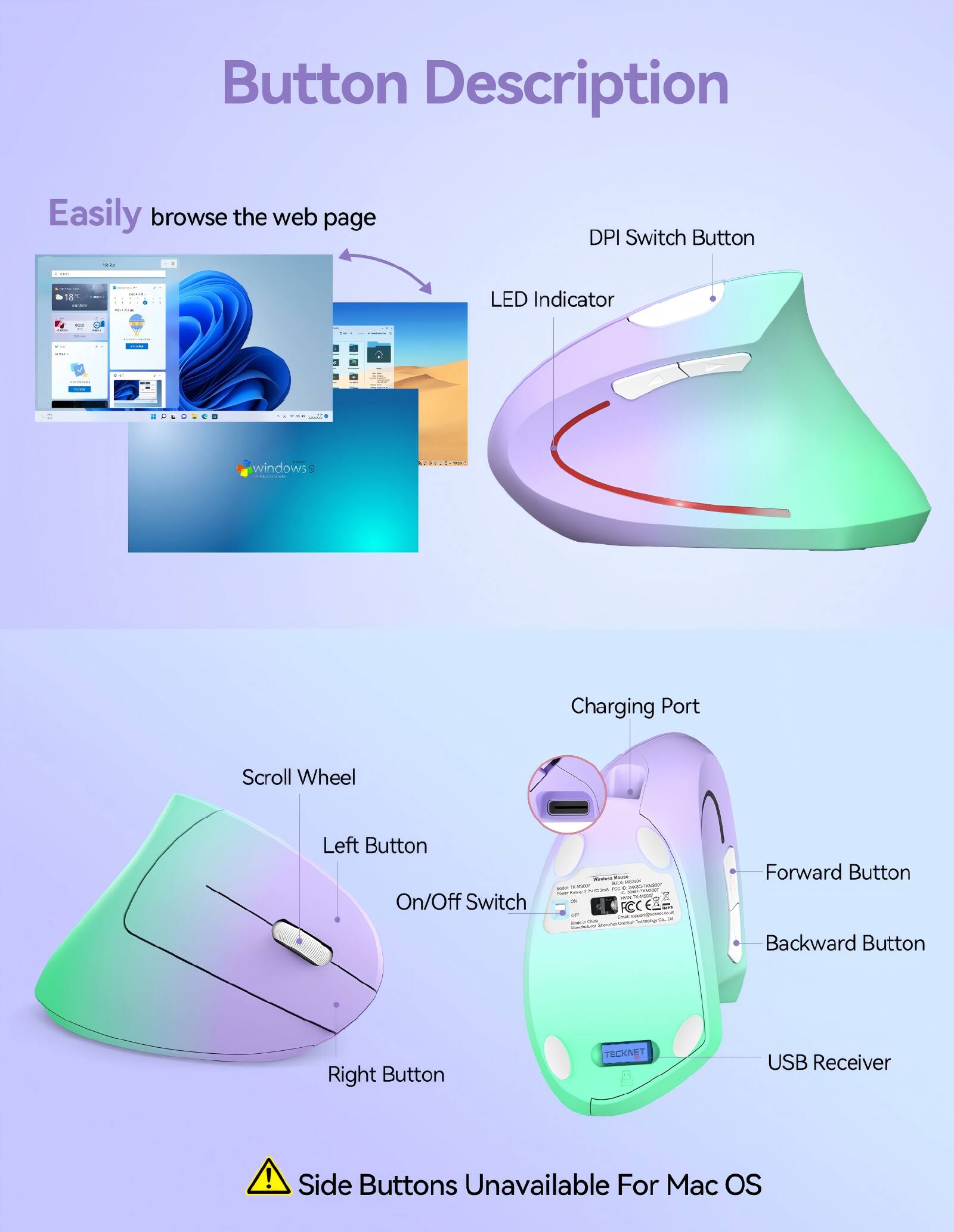 Button Description

Easily browse the web page

DPI Switch Button
LED Indicator

Scroll Wheel
Left Button
On/Off Switch
Right Button

Charging Port
Forward Button
Backward Button
USB Receiver

Side Buttons Unavailable For Mac OS
