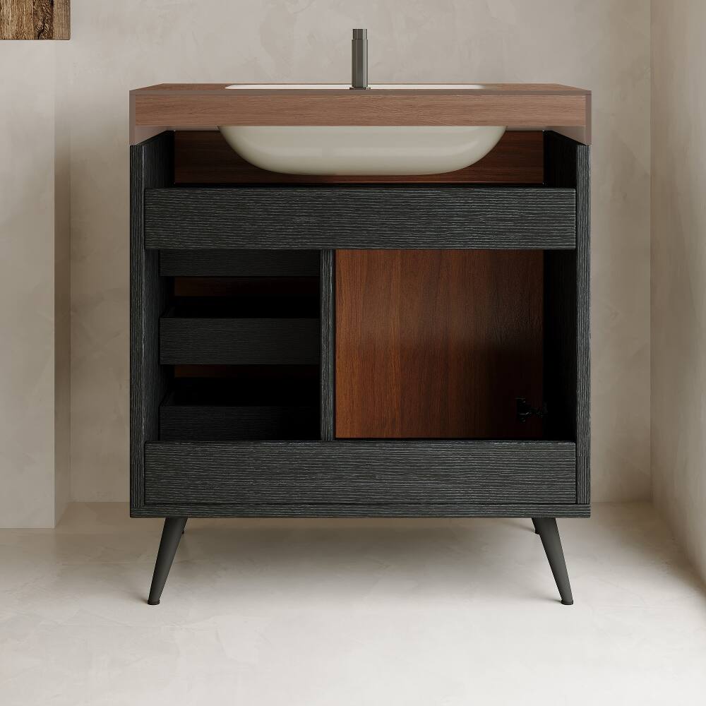 Alt View 3. Loheer - Loheer 30 inch bathroom vanity with sink Walnut Mid-Century Modern Freestanding Cabinet - Walnut.