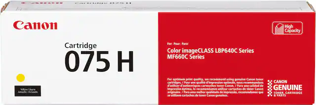 Canon
Cartridge 075 H
Yellow / Jaune
Amarillo / Amarelo
For: Pour: Para:
Color imageCLASS LBP640C Series
MF660C Series
For optimum print quality, we recommend using genuine Canon toner cartridges. / Pour une qualité d'impression optimale, nous recommandons d'utiliser des cartouches toner Canon authentiques. / Para una calidad de impresión óptima, le recomendamos utilizar cartuchos de toner Canon originales. / Para uma melhor qualidade de impressão, recomendamos que se utilizem cartuchos de toner Canon genuinos.
CANON
GENUINE
TONER, CARTRIDGE & PARTS
High Capacity
