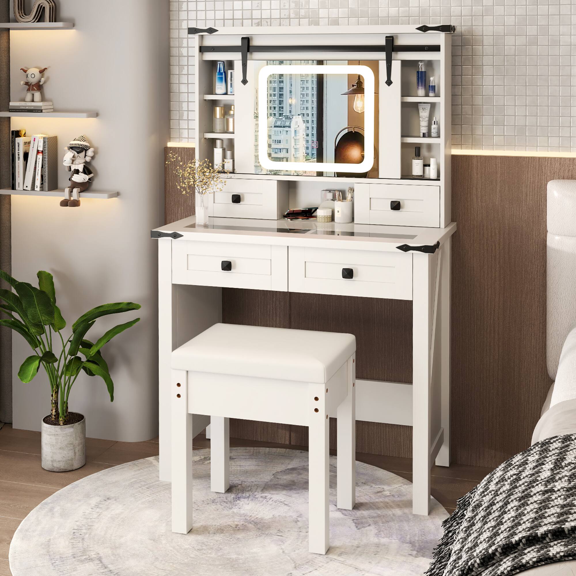 Alt View 1. Gymax - Gymax Farmhouse Vanity Desk Makeup Vanity Table w/Adjustable Brightness Sliding Mirror White - White.