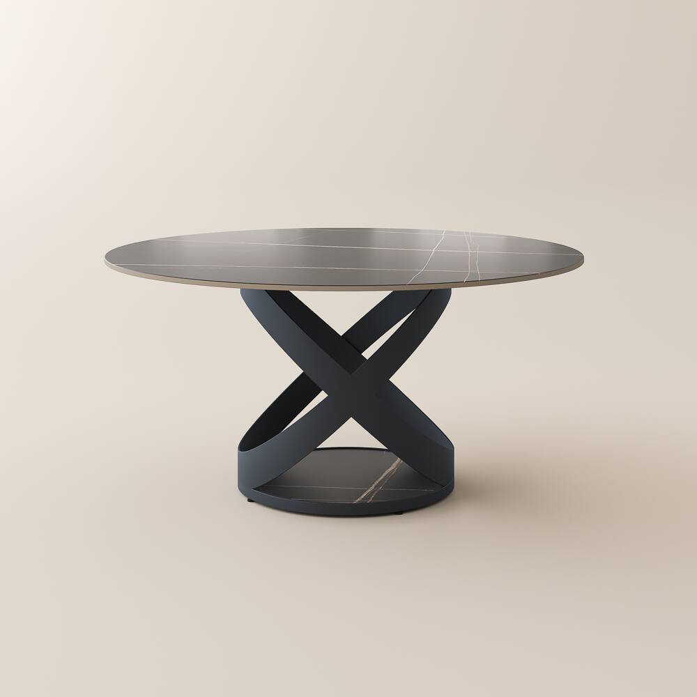 Alt View 9. POVISON - 59" Modern Round Black Dining Table for 6, Matte Sintered Stone Tabletop with Black X Carbon Steel Base - Black Matte Sintered Stone with Black.