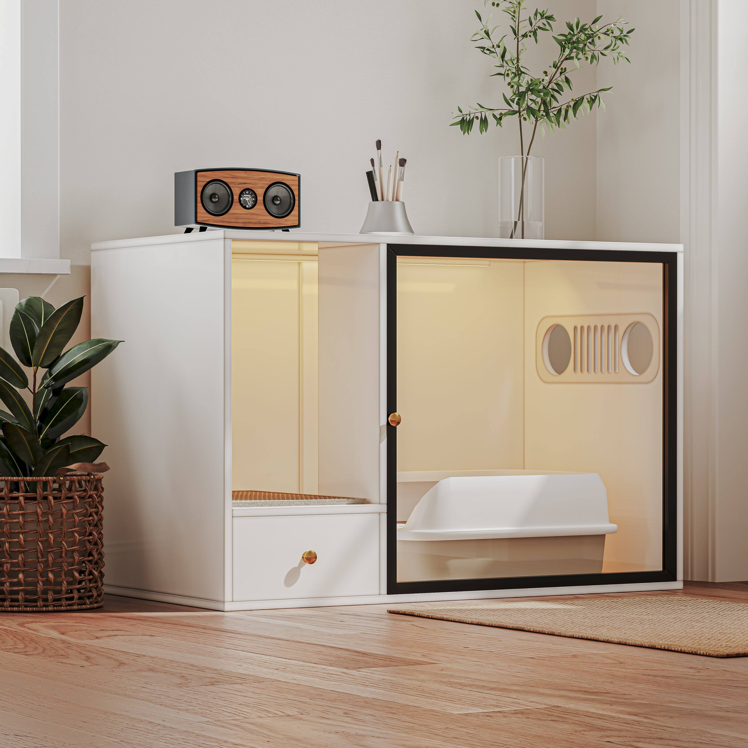 Alt View 1. MSOOB - 37" Cat Litter Box Enclosure Modern Furniture Style, Hidden Kitty Cat Cabinet with Glass Door and LED for Large Cats - White.