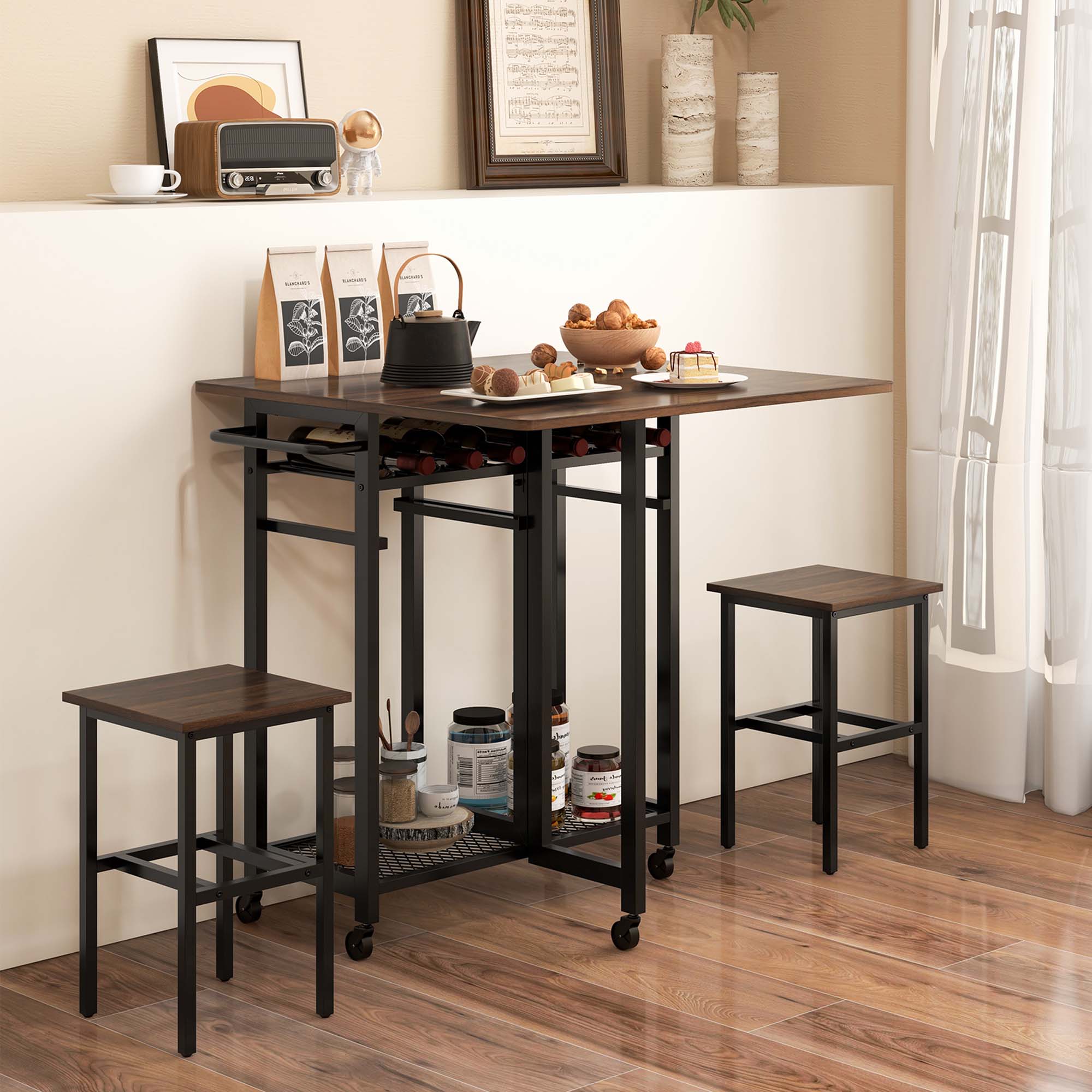 Angle. Costway - 3 PCS Rolling Dining Table Set Extendable Kitchen Table 2 Stools with Wine Rack Rustic Brown - Rustic Brown and Black.