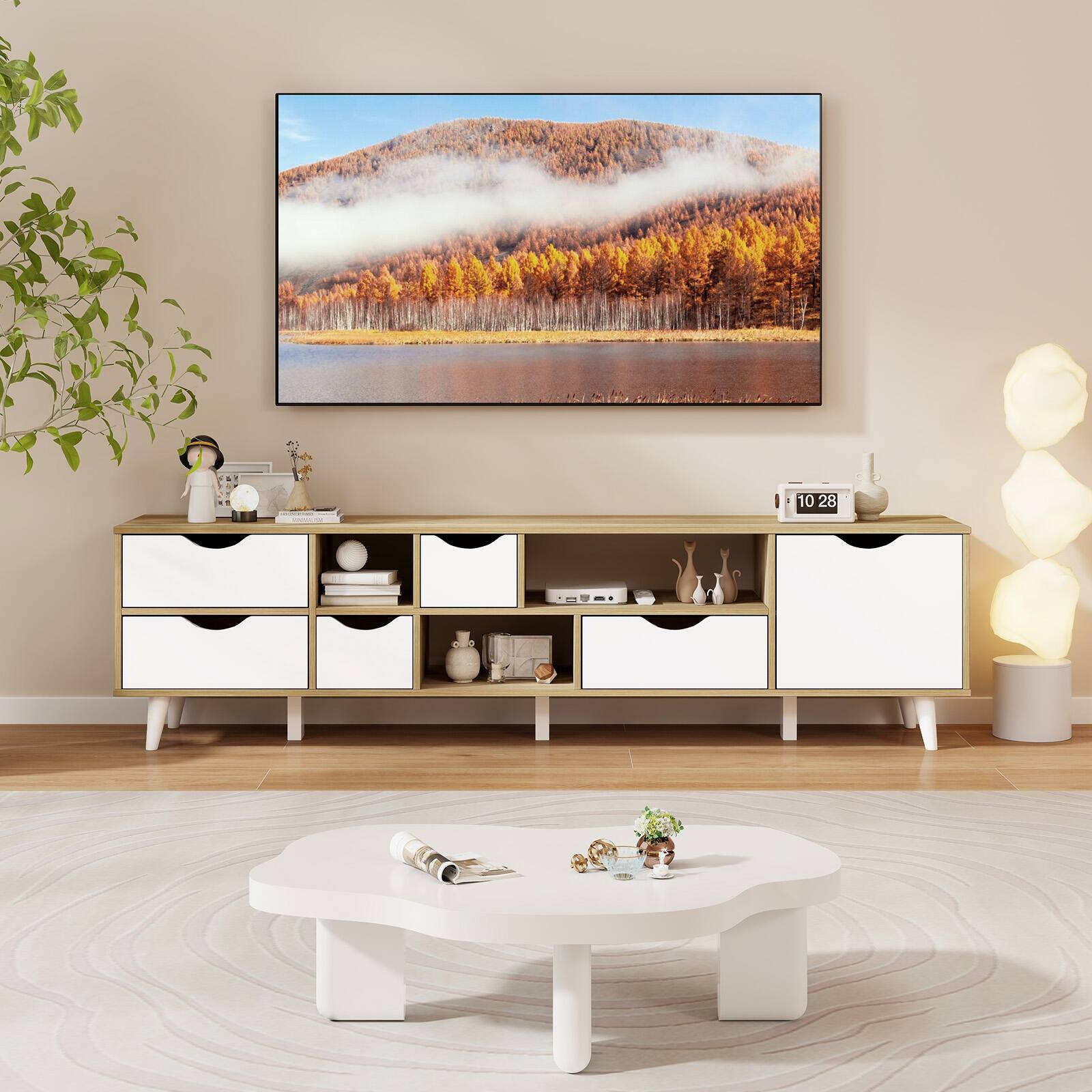 Alt View 7. Ecooso - TV Stand for TVs up to 65 Inch with 5 Drawers and 3 Open Storage Shelves - Oak.