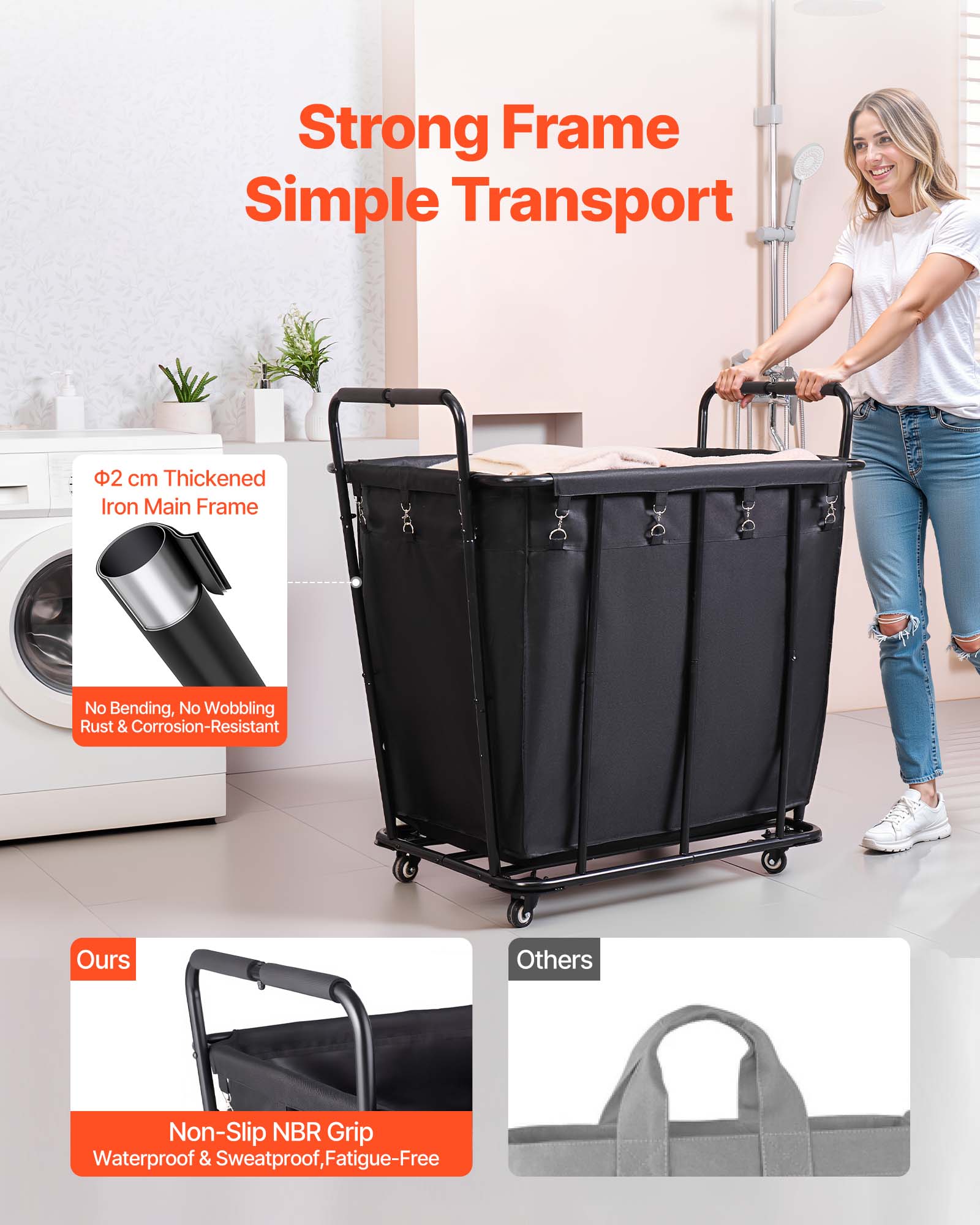 Strong Frame Simple Transport  
2 cm Thickened Iron Main Frame  
No Bending, No Wobbling  
Rust & Corrosion-Resistant  

Ours: Non-Slip NBR Grip  
Waterproof & Sweatproof, Fatigue-Free  

Others