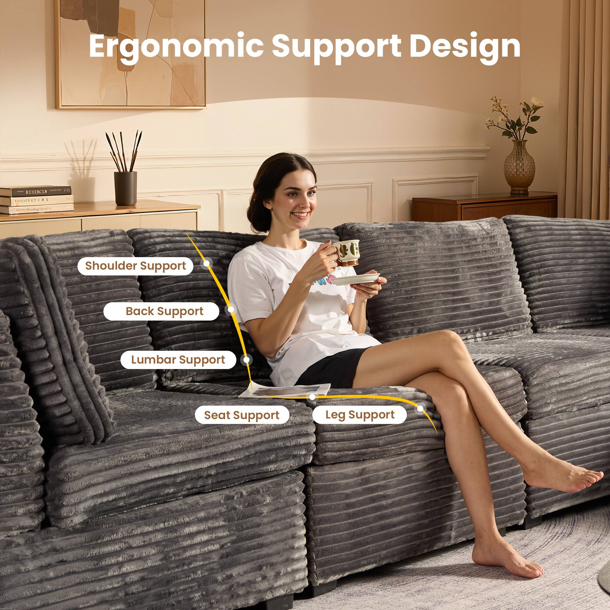 Ovios - 9 PCS Modular Sectional Sofa Oversized L Shaped Sectional Couch with Ottoman for Living Room - Gray - Thumbnail 5