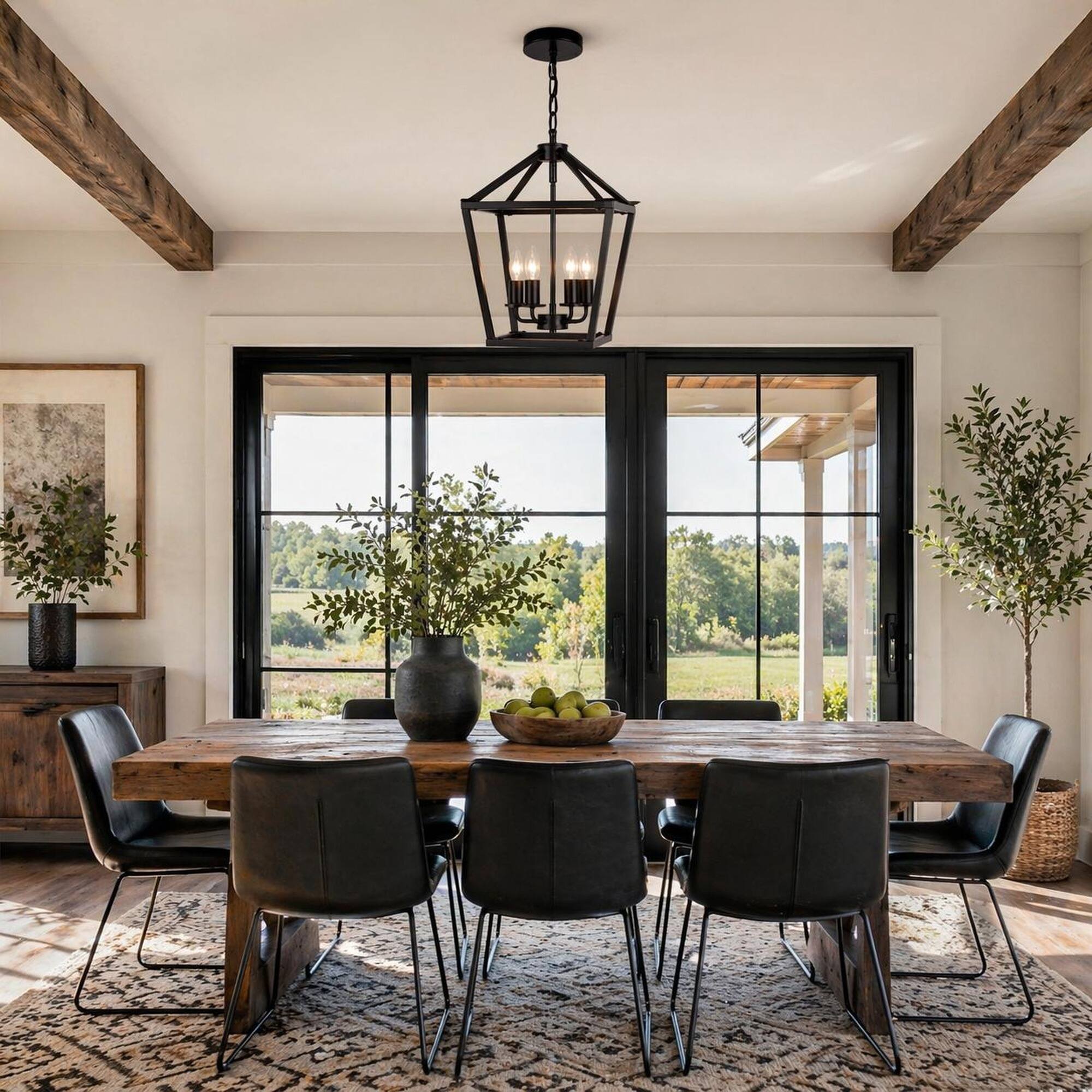 Left. RYHNUYNE - Rustic 4-Light Farmhouse Lantern Chandelier in Matte Black for Kitchen Island, Dining Room.