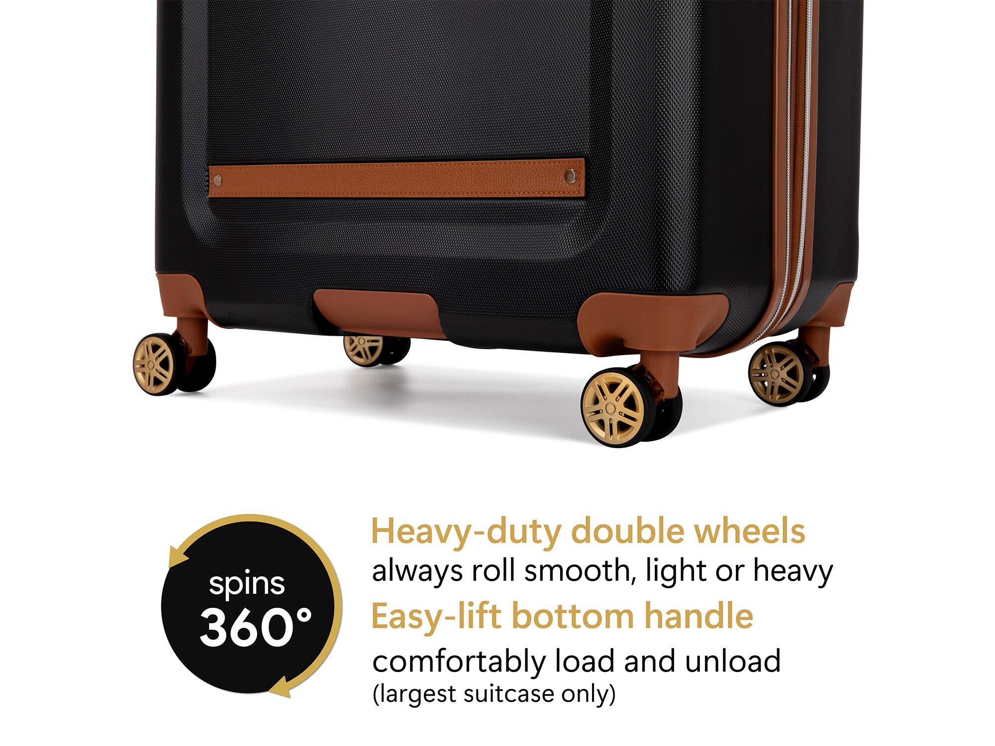 Heavy-duty double wheels always roll smooth, light or heavy
Easy-lift bottom handle comfortably load and unload (largest suitcase only)
spins 360