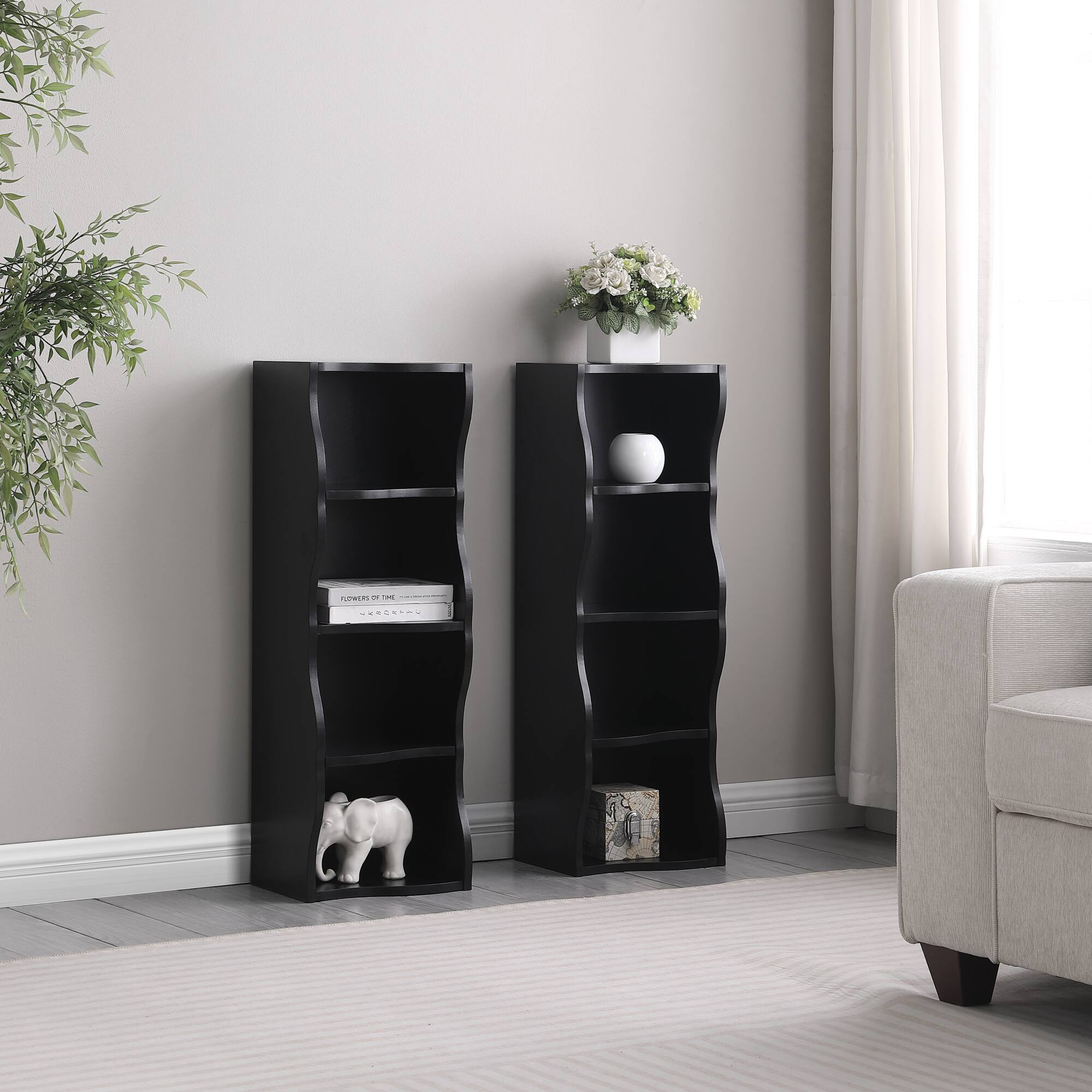 Back. GOODSILO - Ultra-Thin Adjustable Shelf Bookcase with Wavy Border Design for Home and Office Storage Solutions - Black.
